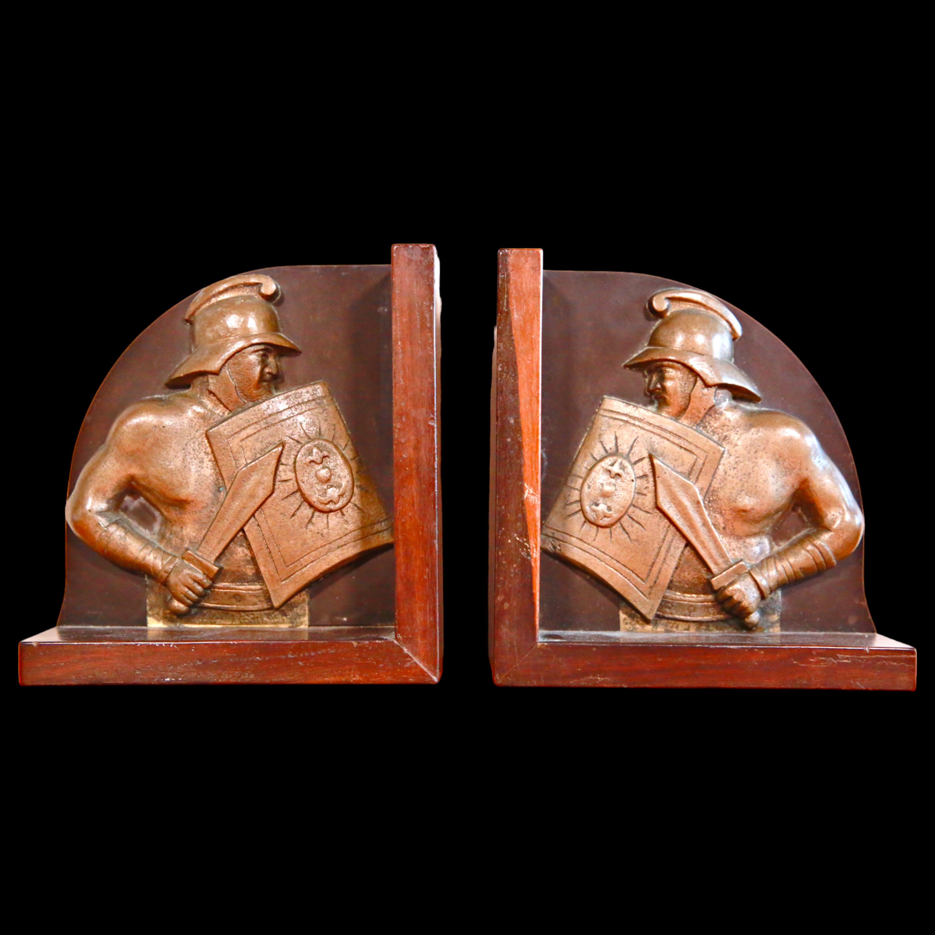 Vintage two wooden book supports, decorated with images of gladiators, 1930s, Italy. - Image 2 of 2