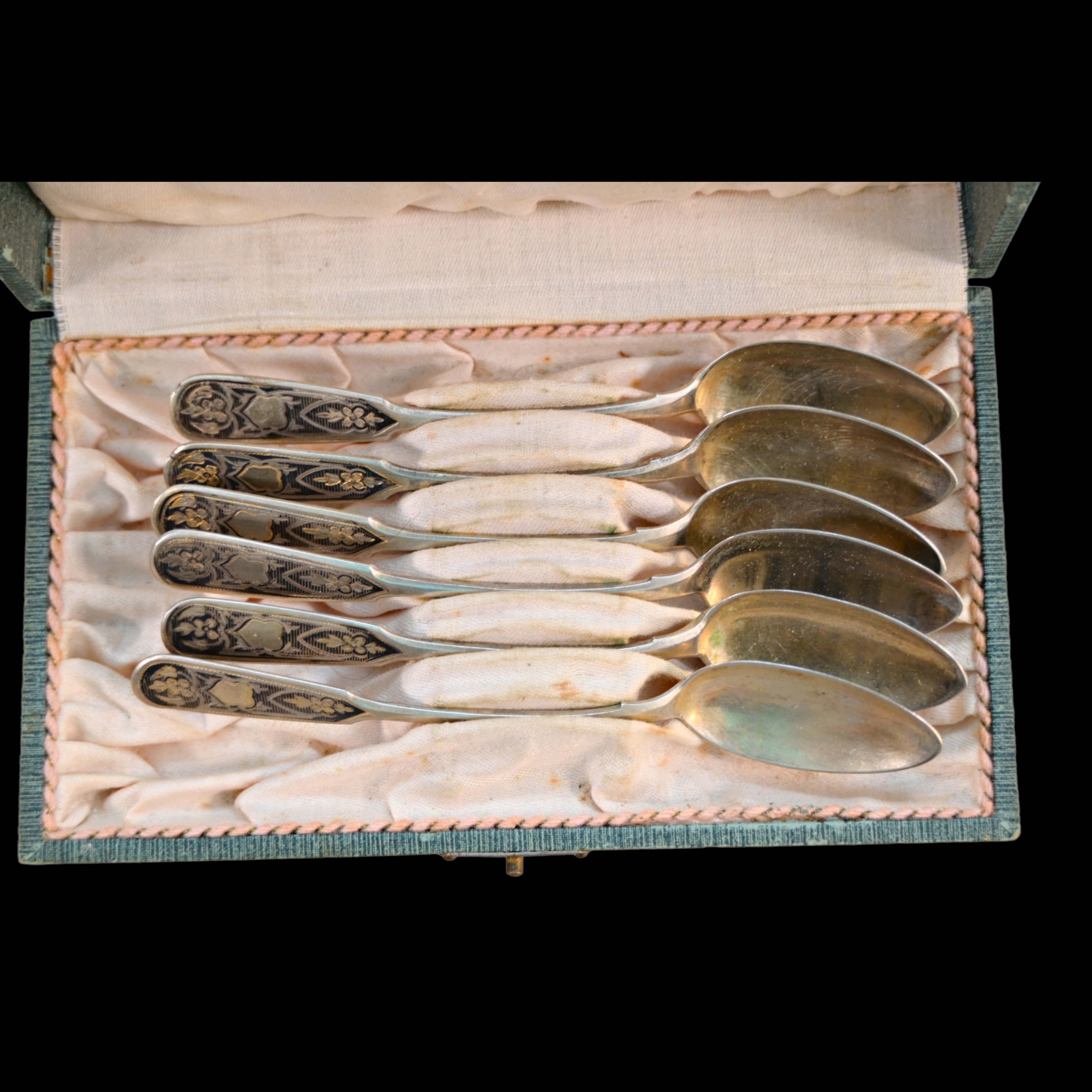 Set of 6 silver teaspoons in the original box. Russia, 1869 - Image 2 of 6