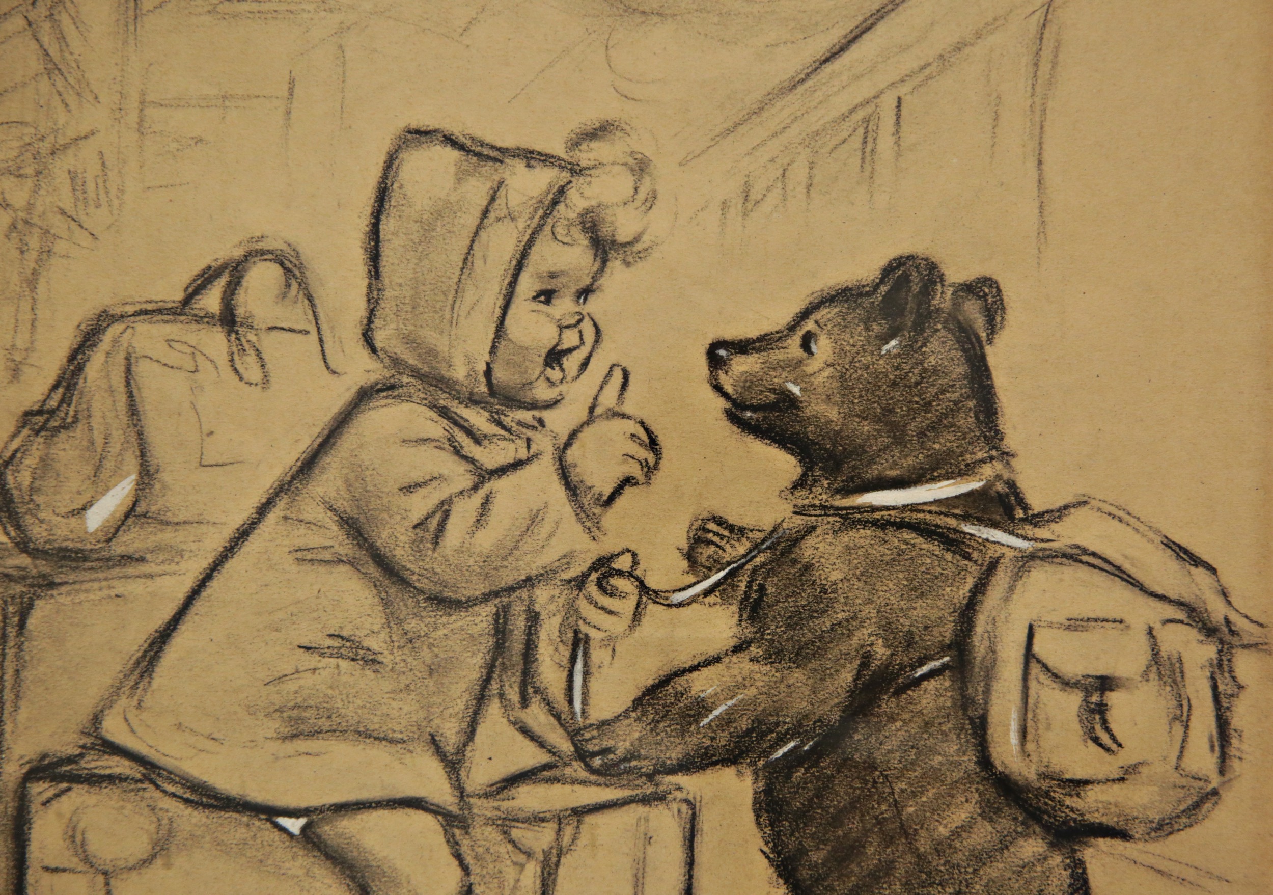 Germaine BOURET (1907-1953) "Child and bear", charcoal drawing and gouache, French, 20th C. - Image 5 of 6