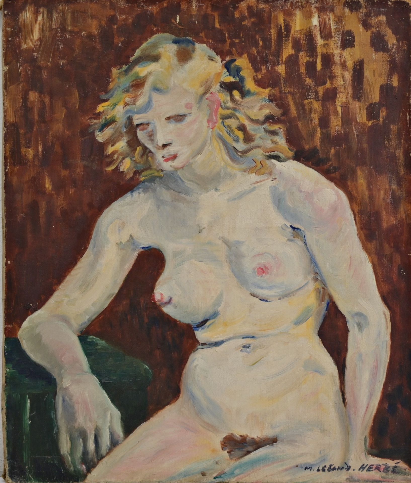 "Seated female nude", oil on canvas, M. Legand Herle, French Painting of the 20th century. - Bild 2 aus 5