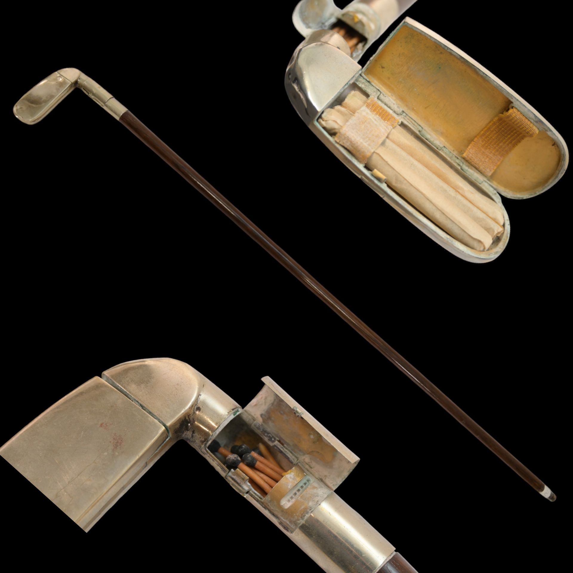 A rare Golfclub Walking Stick Cane, Cigarette Case with Match Safe, early 20th century.