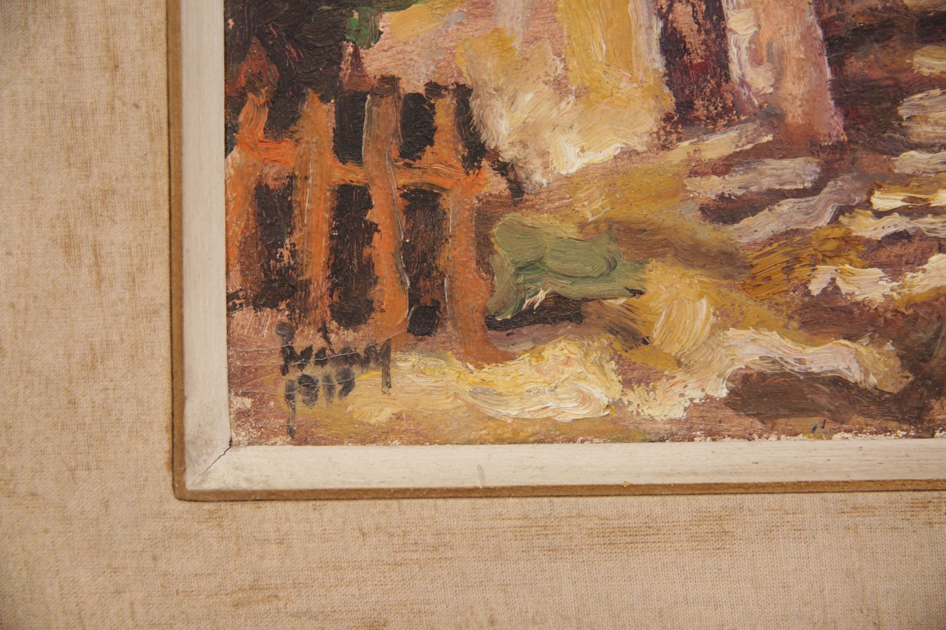 "Village at sunset", oil on canvas, artist"s signature lower left illegible, dated 1919. - Image 4 of 4