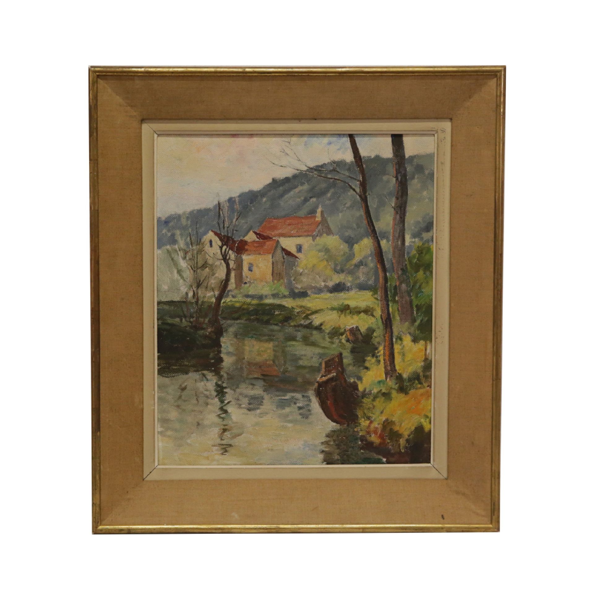 "House and river", oil on isorel , workshop stamp on the back Robert Benard. French painting.