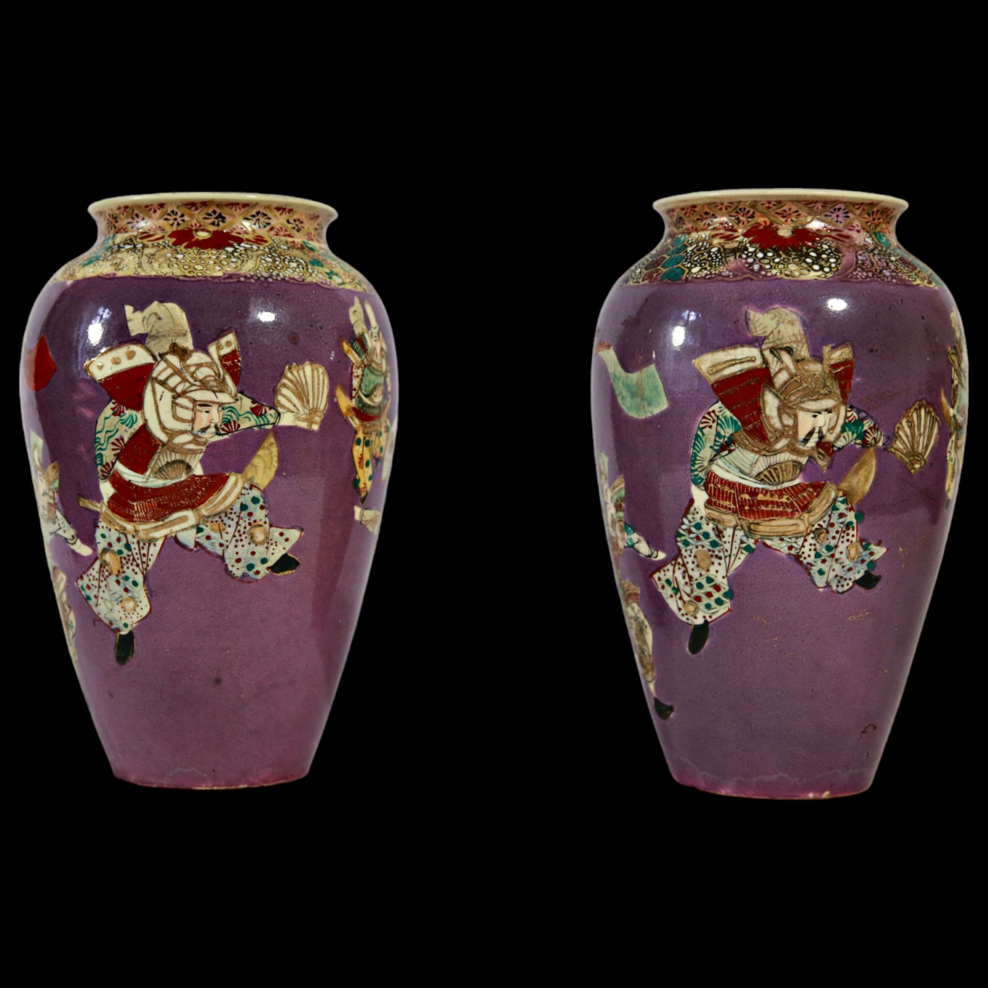 Pair of Satsuma vases, Japan, Meiji period, earthenware, decorated with figures of samurai. - Bild 21 aus 25