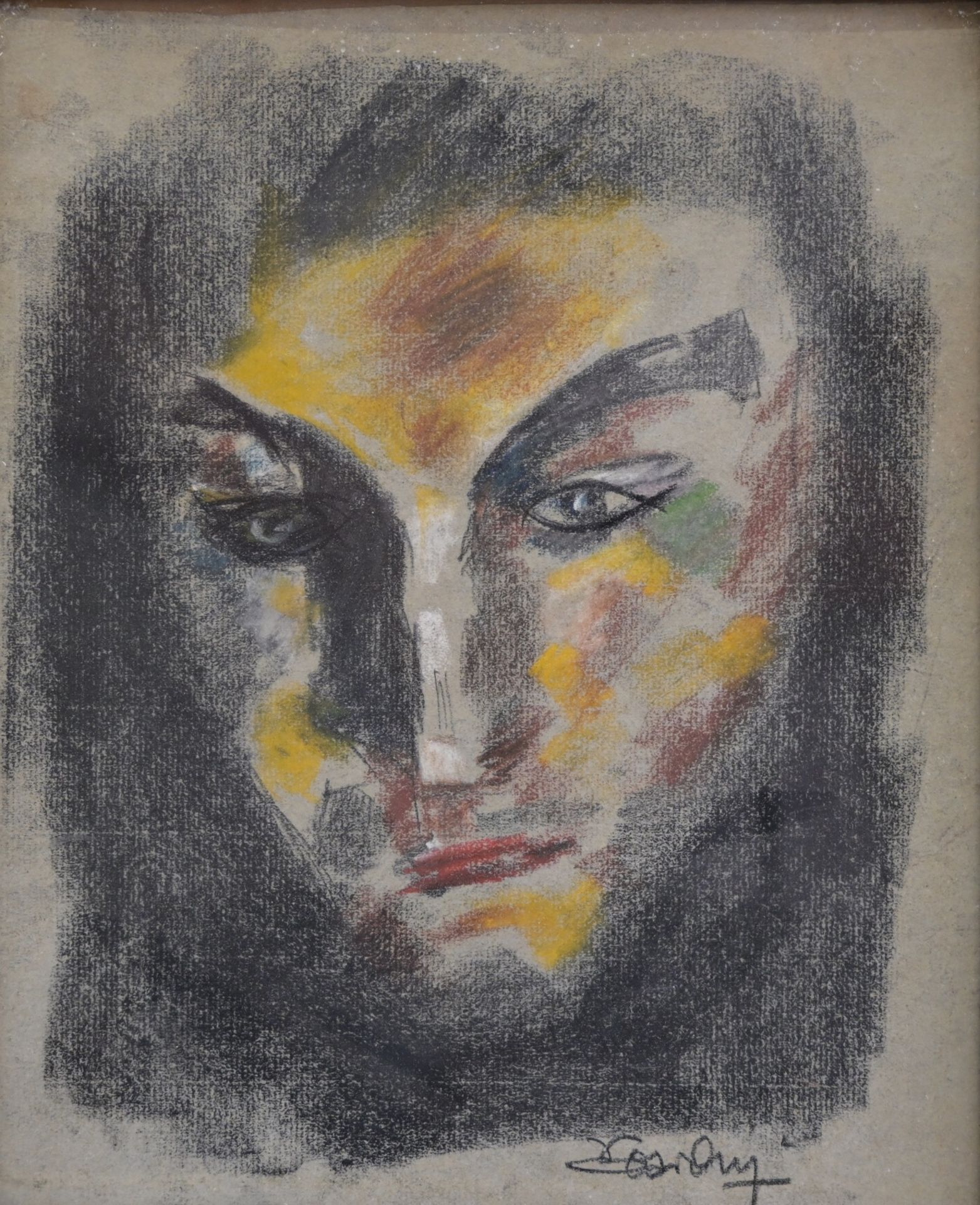 "Portrait of a man", drawn with charcoal and colored pencil, illegible signature, French, 20th C. - Bild 3 aus 6