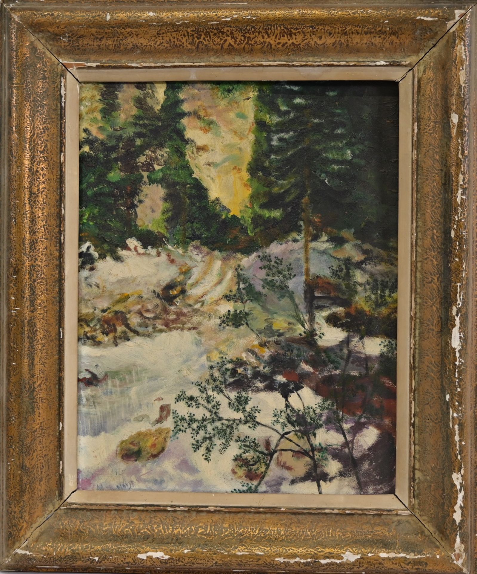 "Snowy forest", oil on panel, signed illegible, French painting of the 20th C. - Bild 2 aus 6