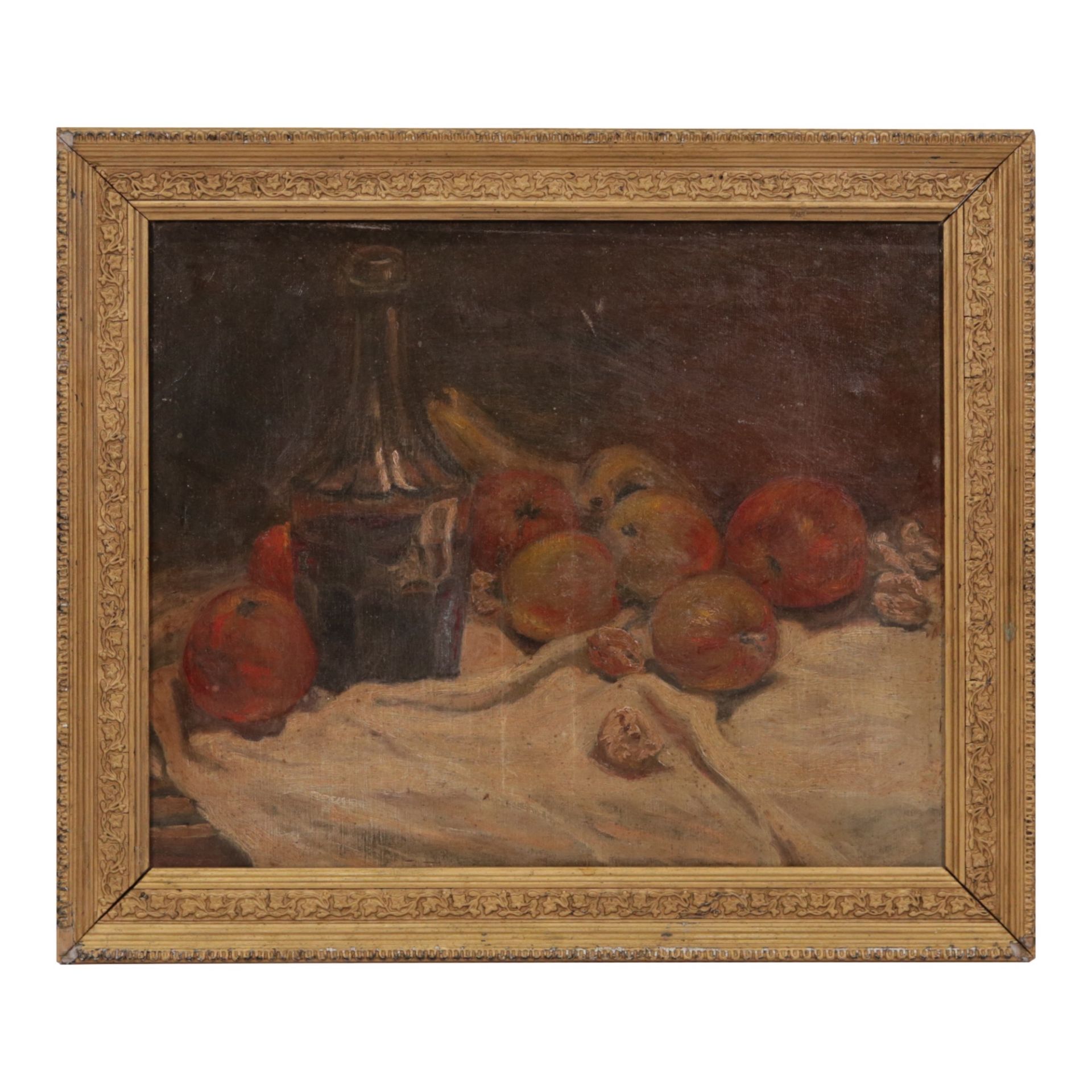 Still-life with apples and wine, oil on canvas French painting, late 19th early 20th century.