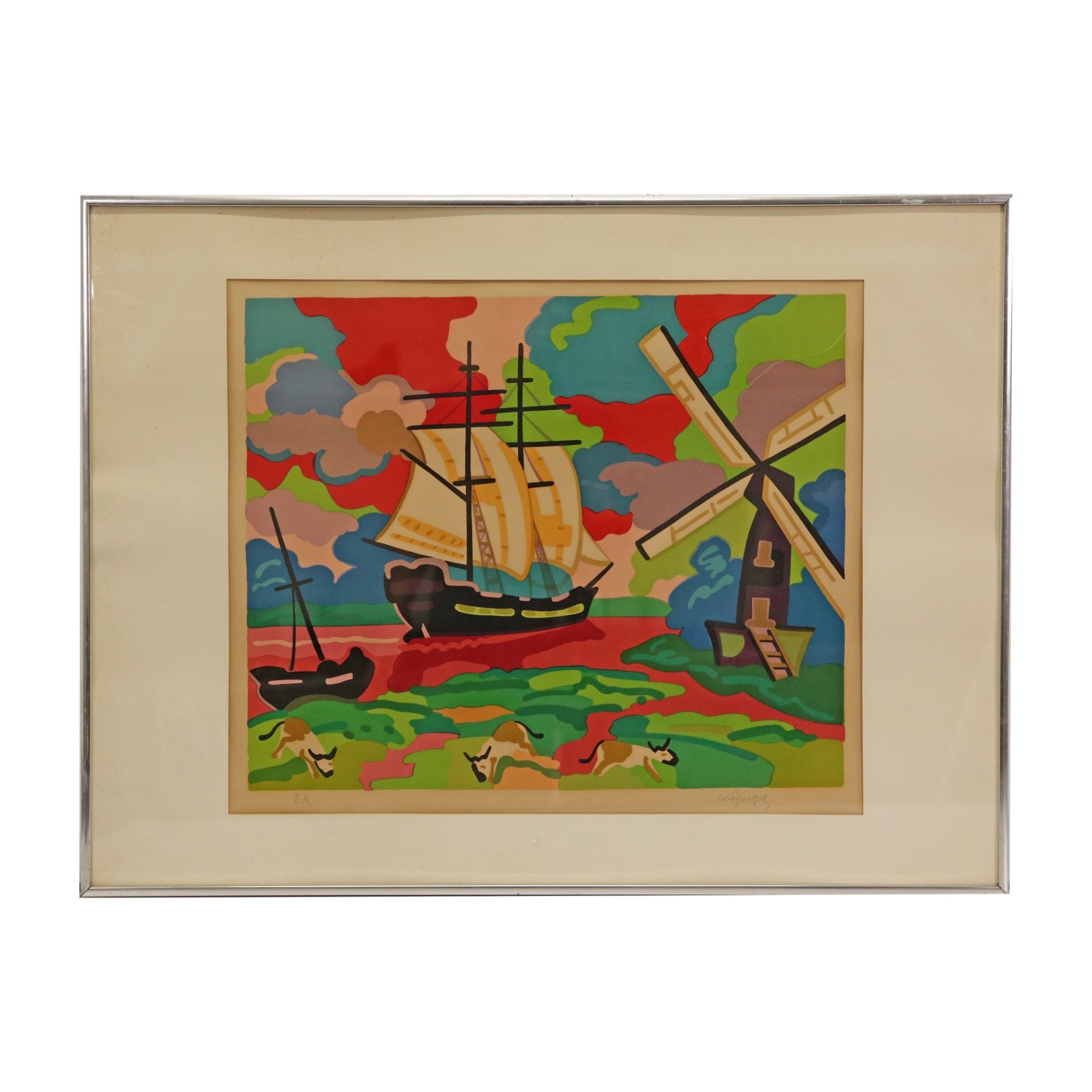 Charles Lapicque (1898 - 1988) "Mill by the sea" Lithograph, 20th century French painting.