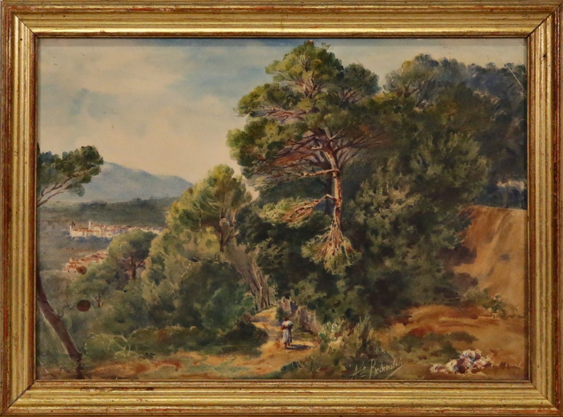 "Southern Landscape", signature not legible, watercolor on paper, French painting, 20th century. - Bild 2 aus 5