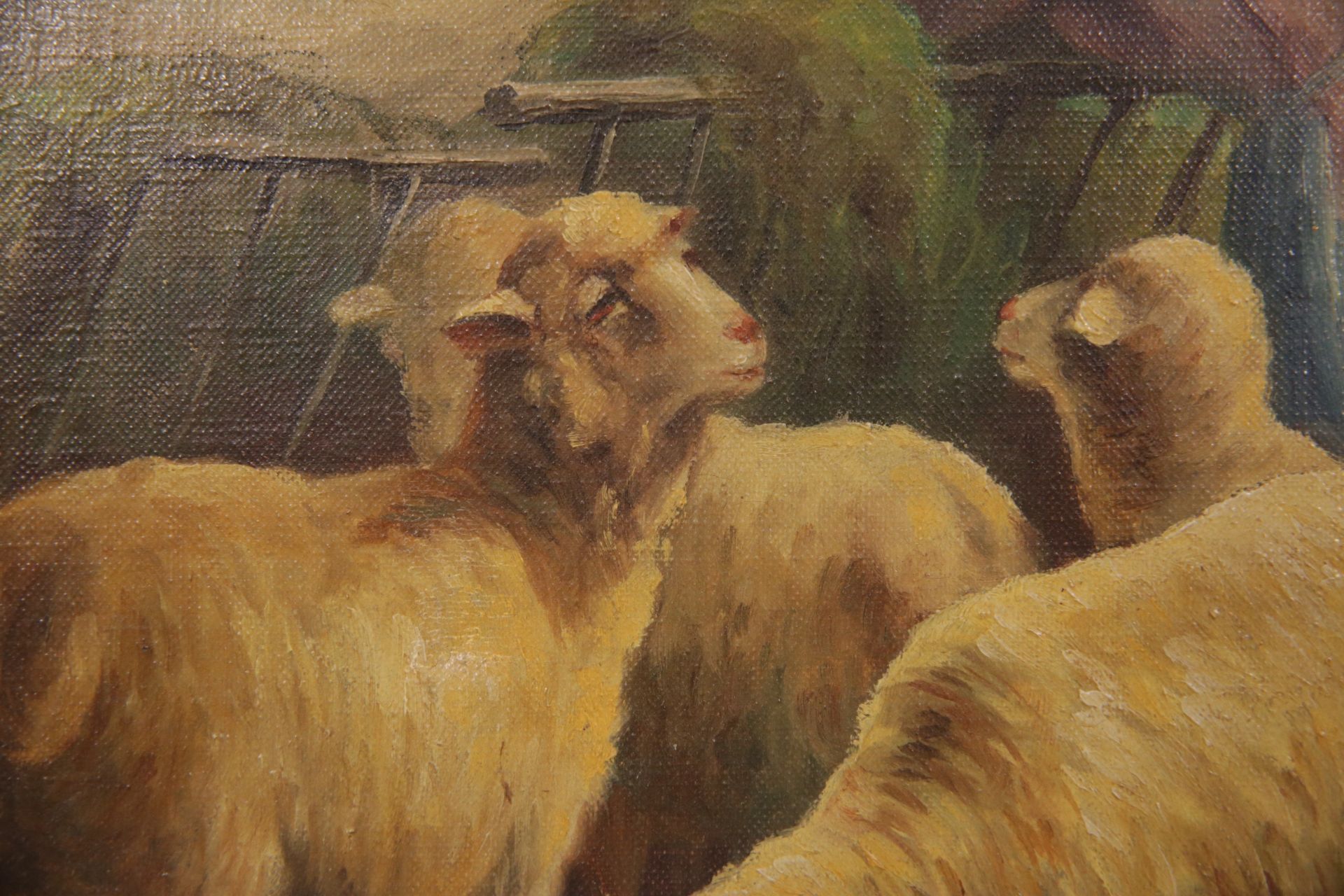 Noel CHARLEY (act.c.1900) "Sheep and shepherdess in the stable", oil on canvas. - Bild 3 aus 4