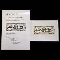 Autograph - Andy WARHOL (1928 - 1987), Signed 2-dollar banknote + certificate.