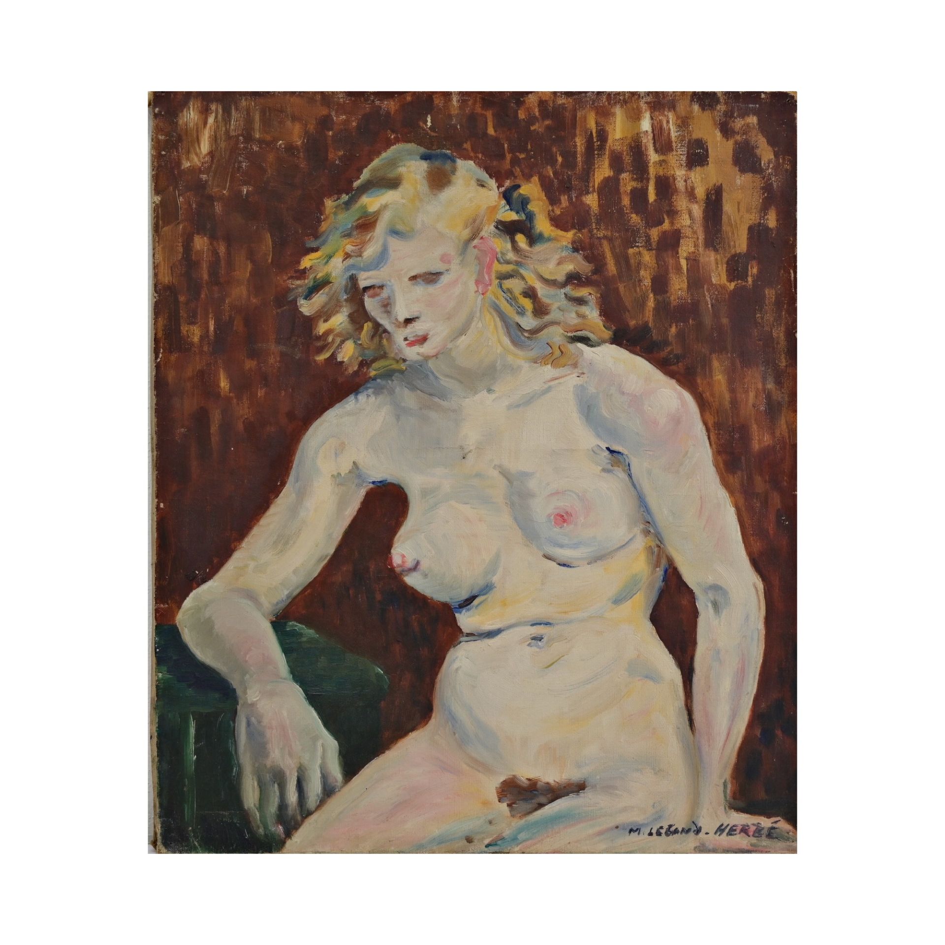 "Seated female nude", oil on canvas, M. Legand Herle, French Painting of the 20th century.