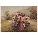 "Picking flowers" oil on canvas, signature of the author Pecora, French painting, 20th C.