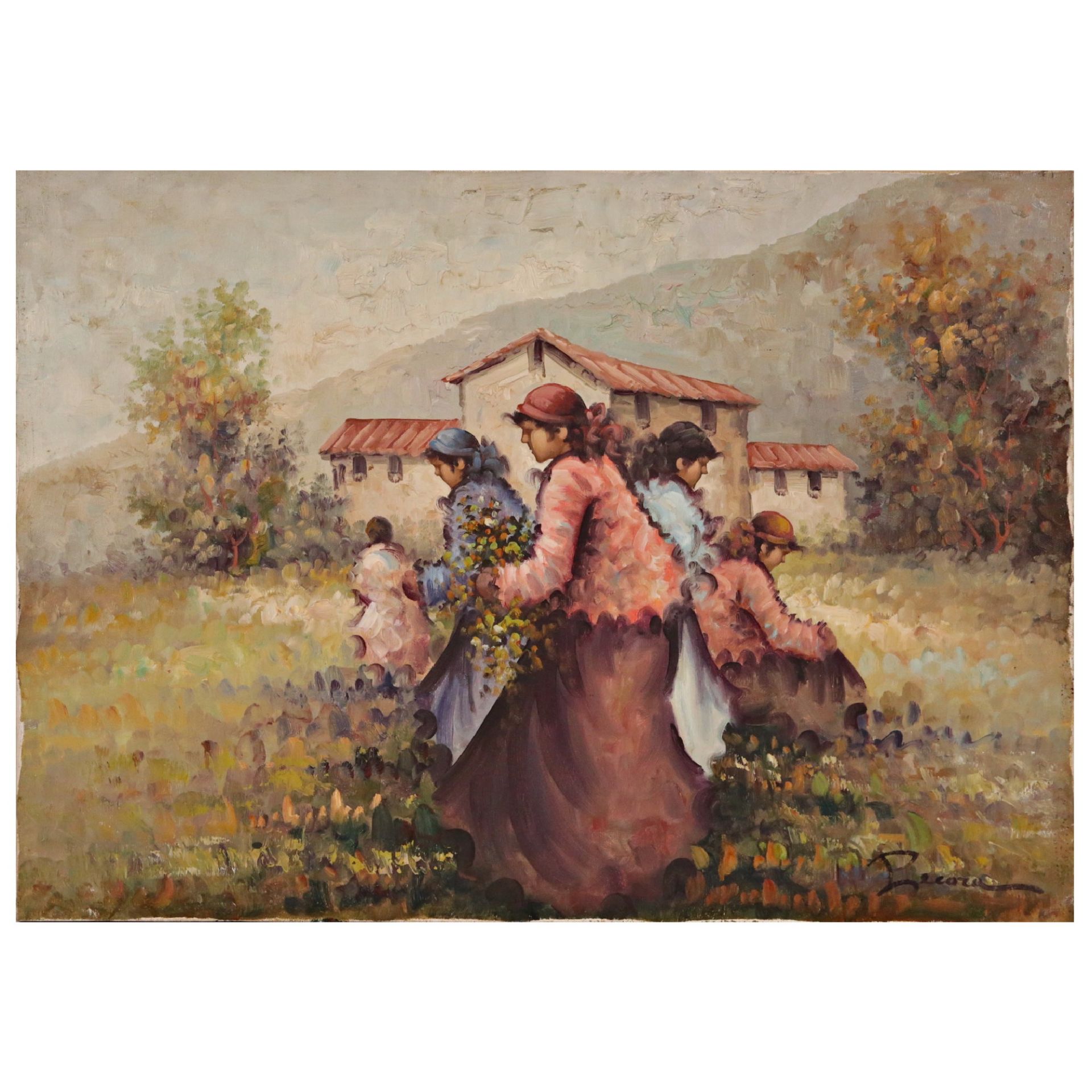 "Picking flowers" oil on canvas, signature of the author Pecora, French painting, 20th C.