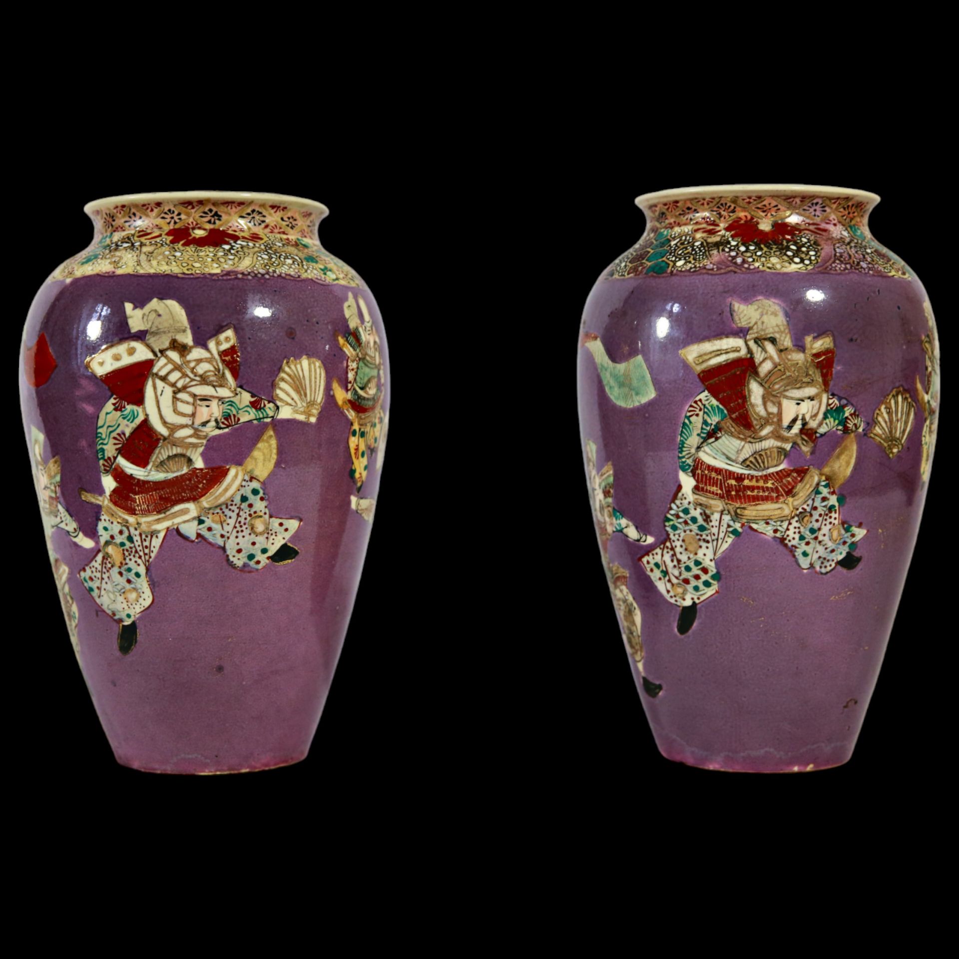 Pair of Satsuma vases, Japan, Meiji period, earthenware, decorated with figures of samurai. - Bild 22 aus 25