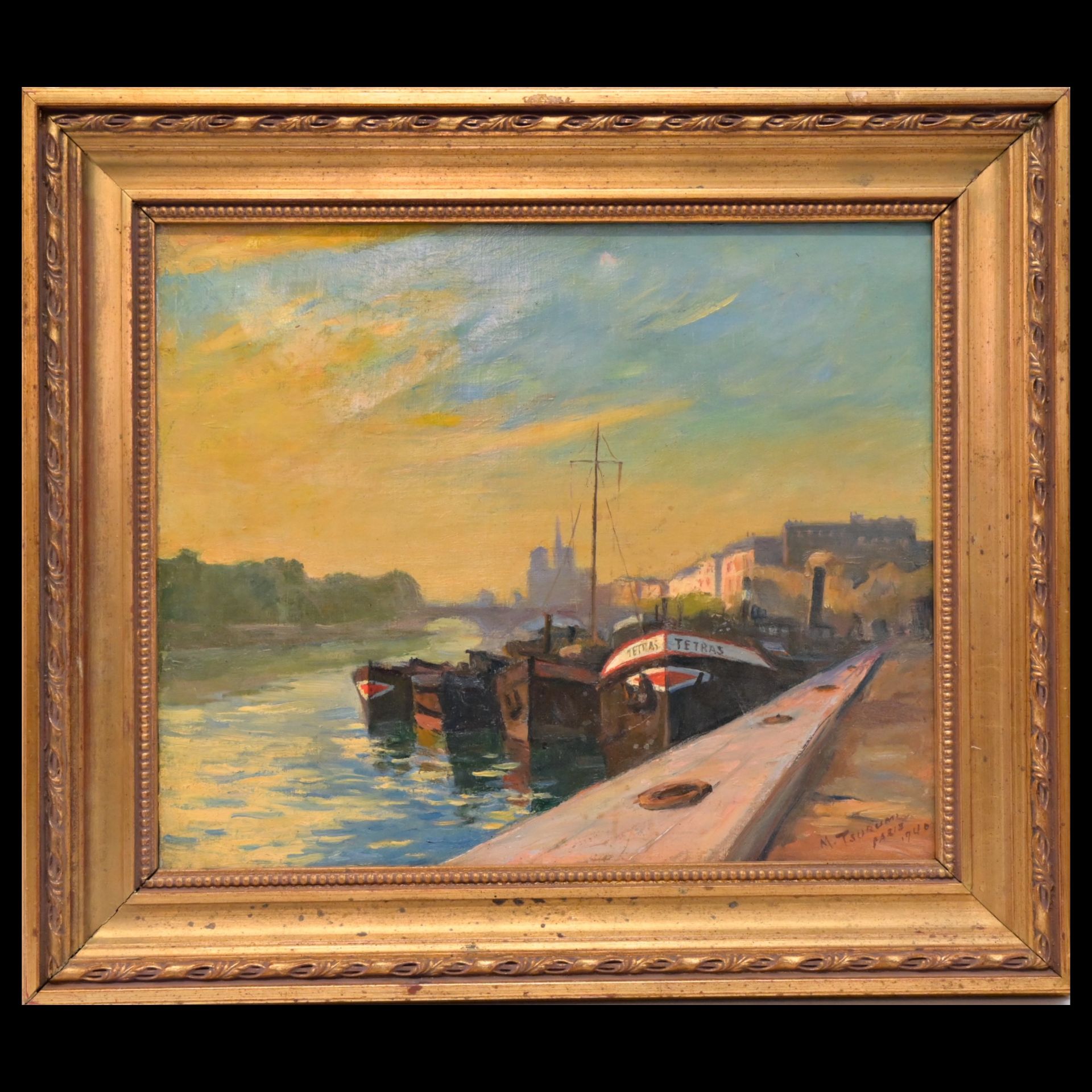 Morio TSURUMI (XX) "Barges on the Seine" oil on canvas, Paris, 1940. - Bild 2 aus 7