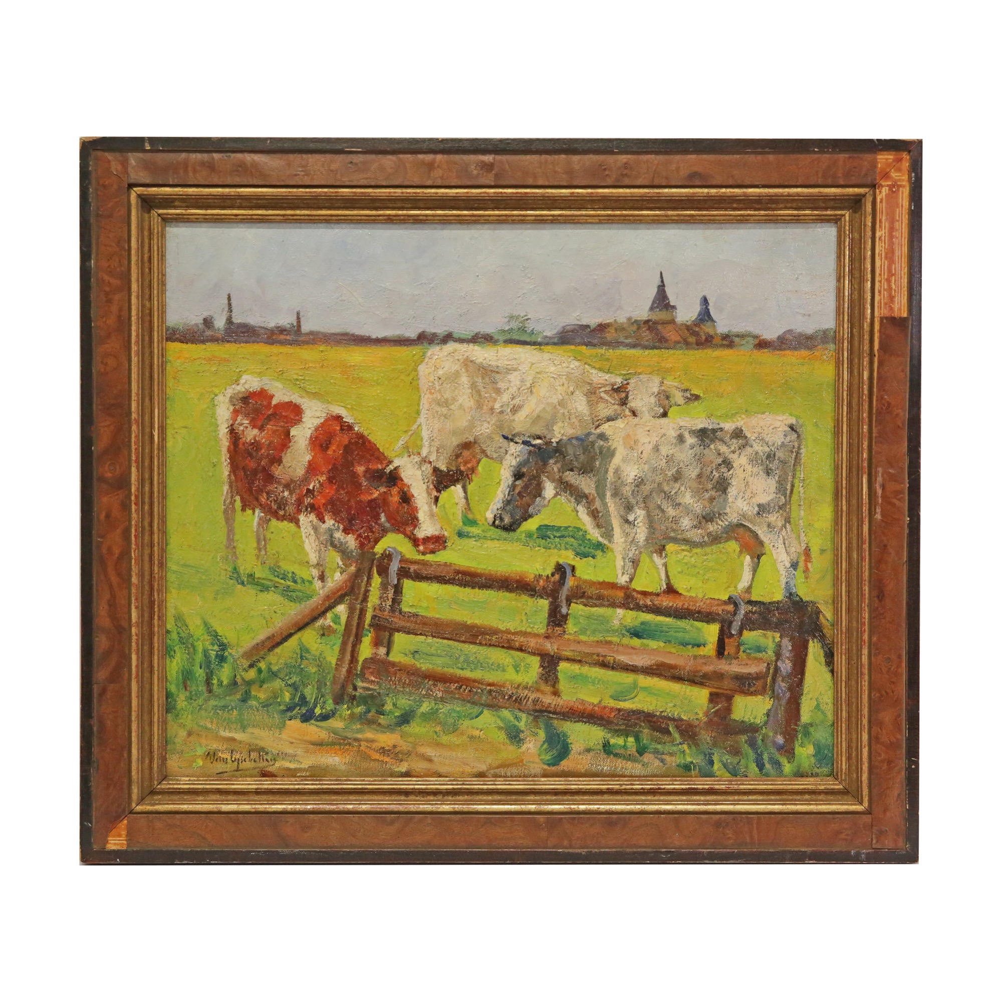 "Cows", oil on canvas, artist"s signature is illegible. French painting of the 20th century.