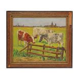 "Cows", oil on canvas, artist"s signature is illegible. French painting of the 20th century.