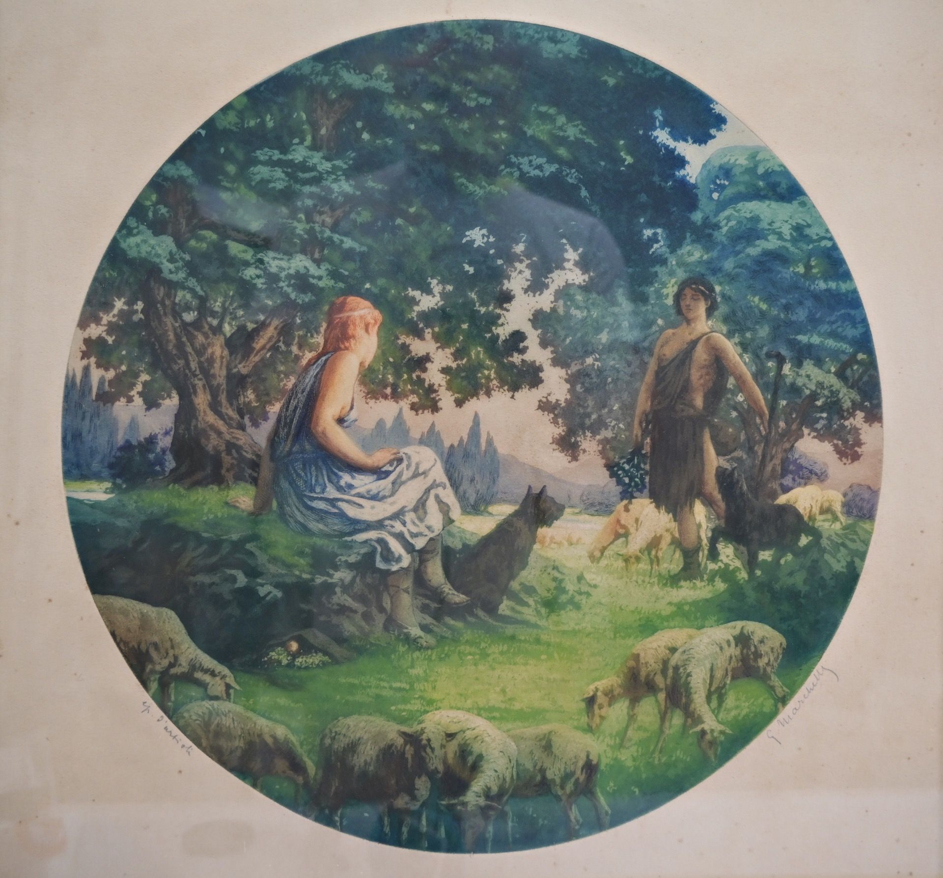 Aquatint "Gallant shepherds couple", signature illegible, French painting of the early 20th century. - Image 3 of 7