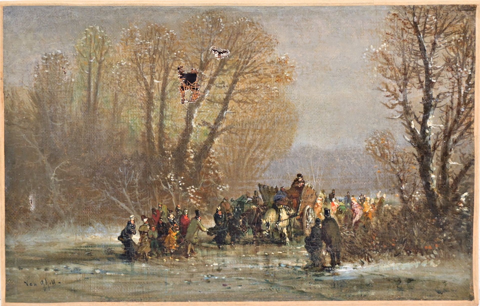 VAN GHELL (XIX) ÒEmigrants in a winter landscapeÓ, Oil on canvas, European painting of the 19th _. - Image 2 of 4