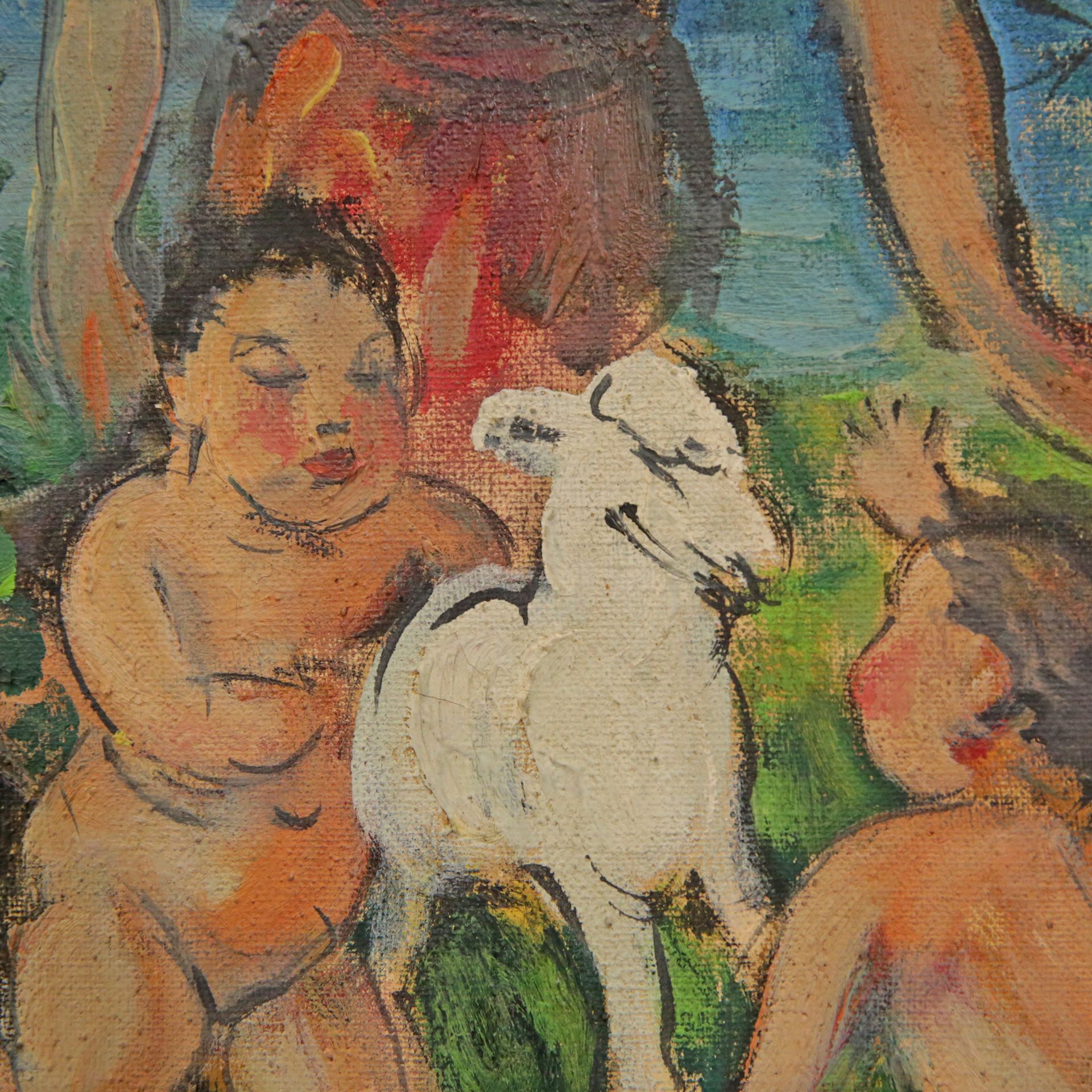 Al Jourdain (1920-?) "Bacchanalia", oil on canvas, 20th century French painting. - Image 2 of 4