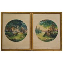 Aquatint "Gallant shepherds couple", signature illegible, French painting of the early 20th century.