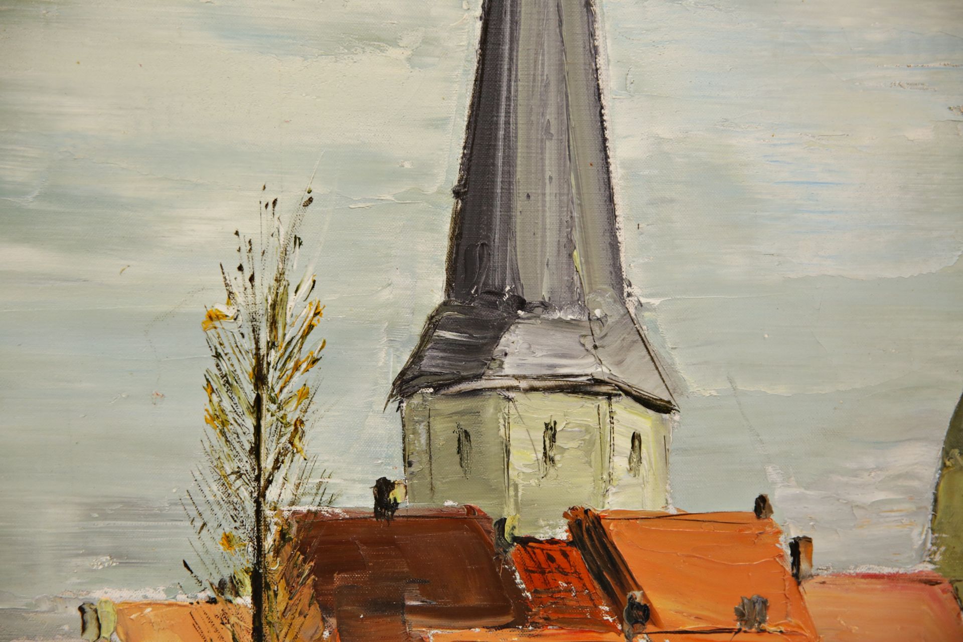 "Village with the bell tower" 1971, oil on canvas, illegible signature, French painting of the 20th  - Image 4 of 4