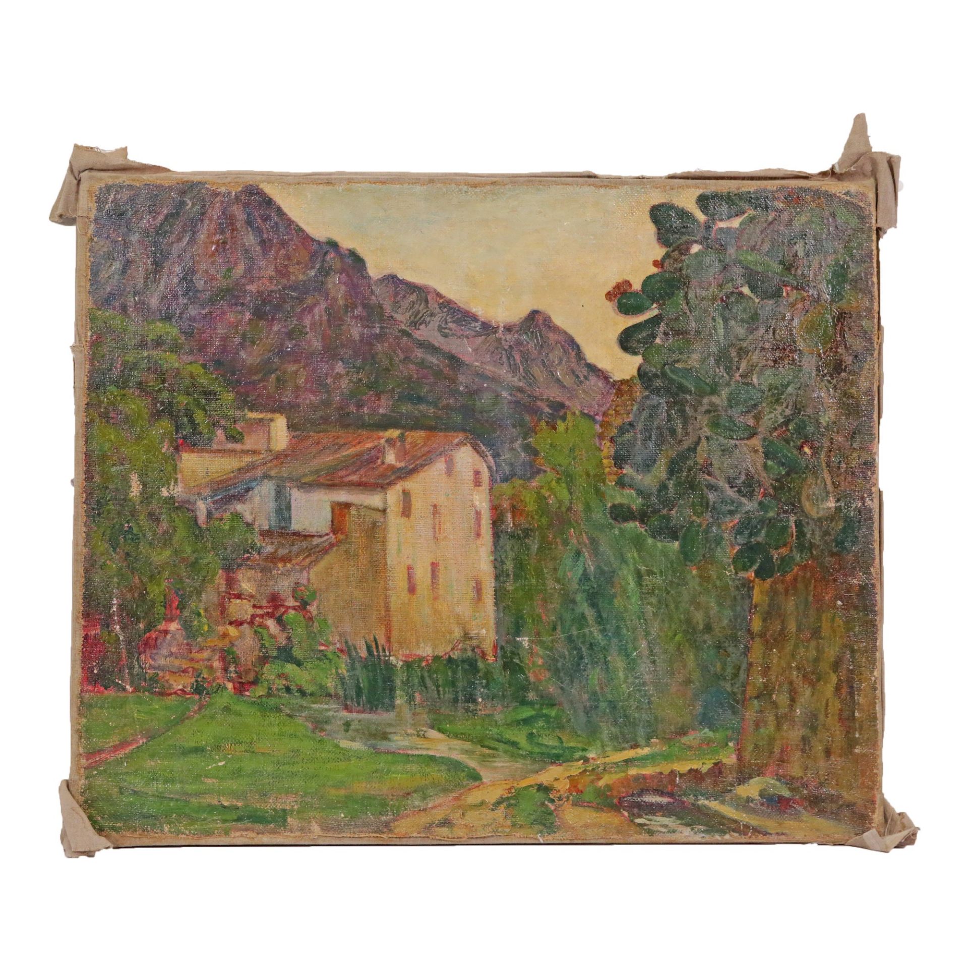 "House at the foot of the mountains", oil on canvas, unsigned, France, 20th century.