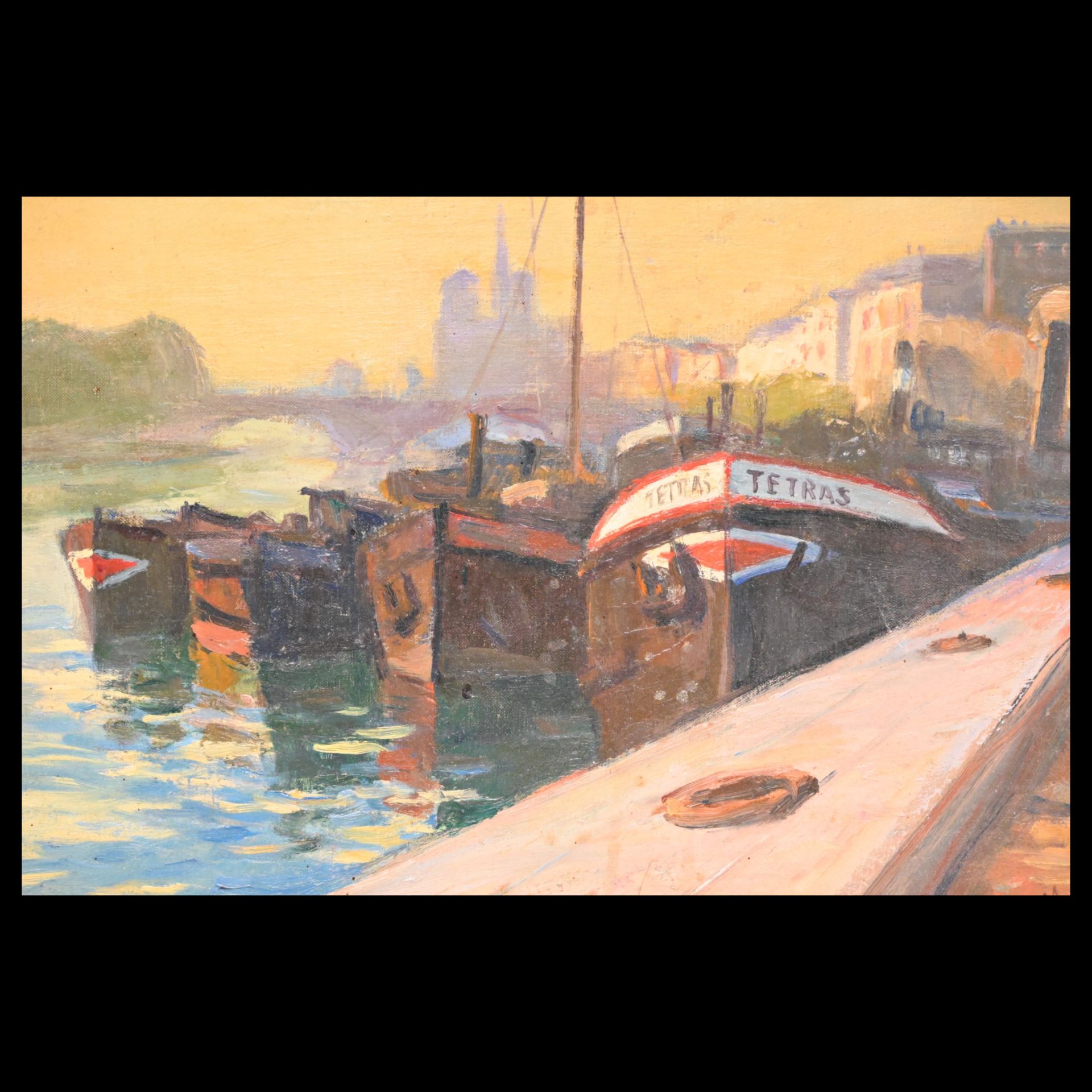 Morio TSURUMI (XX) "Barges on the Seine" oil on canvas, Paris, 1940. - Bild 3 aus 7