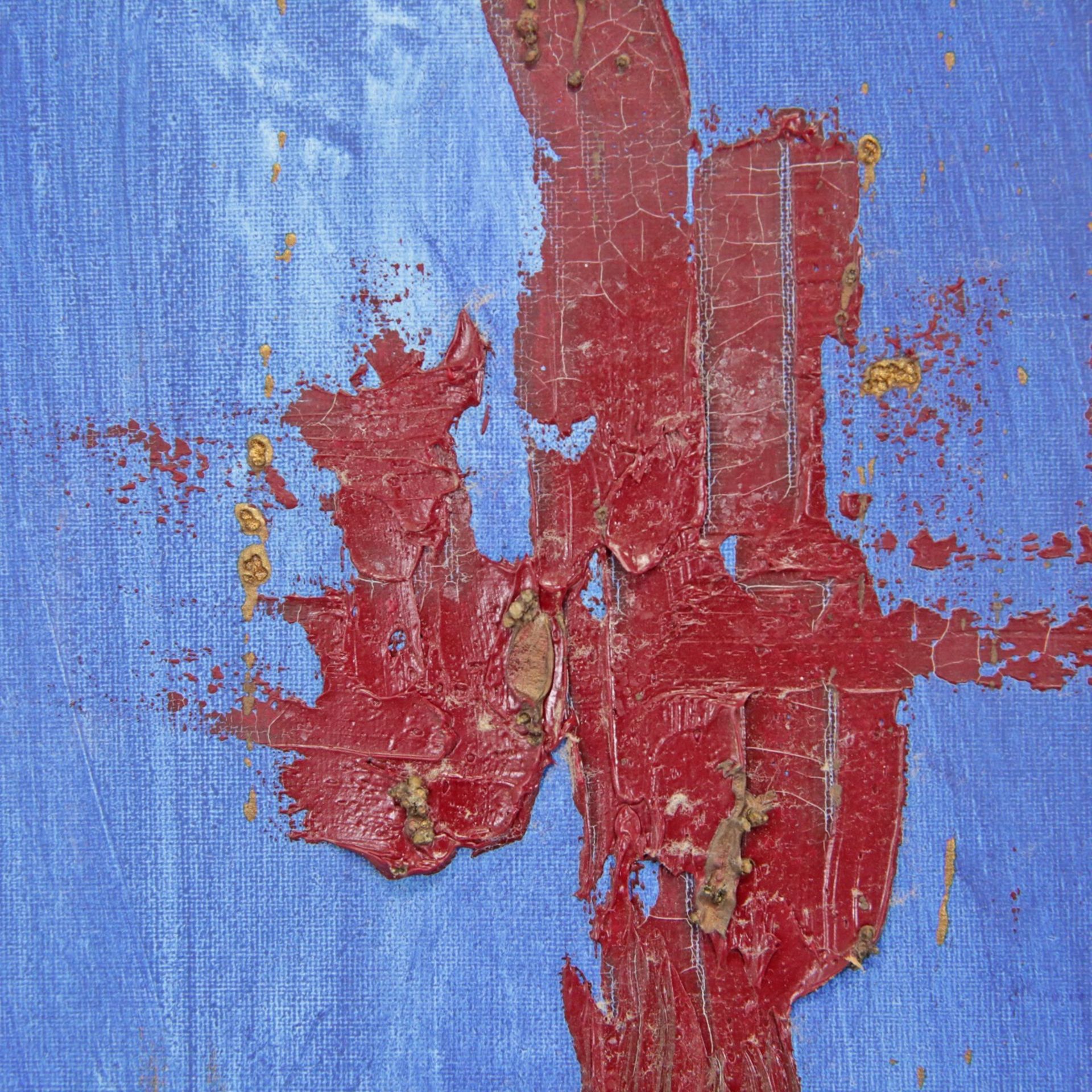 "Red abstraction on blue", oil on canvas, 20th century abstract painting. - Bild 3 aus 5