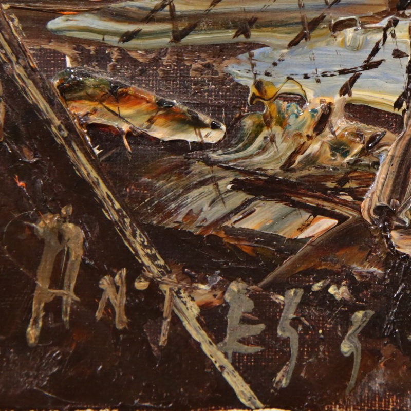 "Port at low tide", oil on canvas, signed by Antes, French painting of the 20th century. - Image 5 of 5