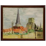 "Village with the bell tower" 1971, oil on canvas, illegible signature, French painting of the 20th 