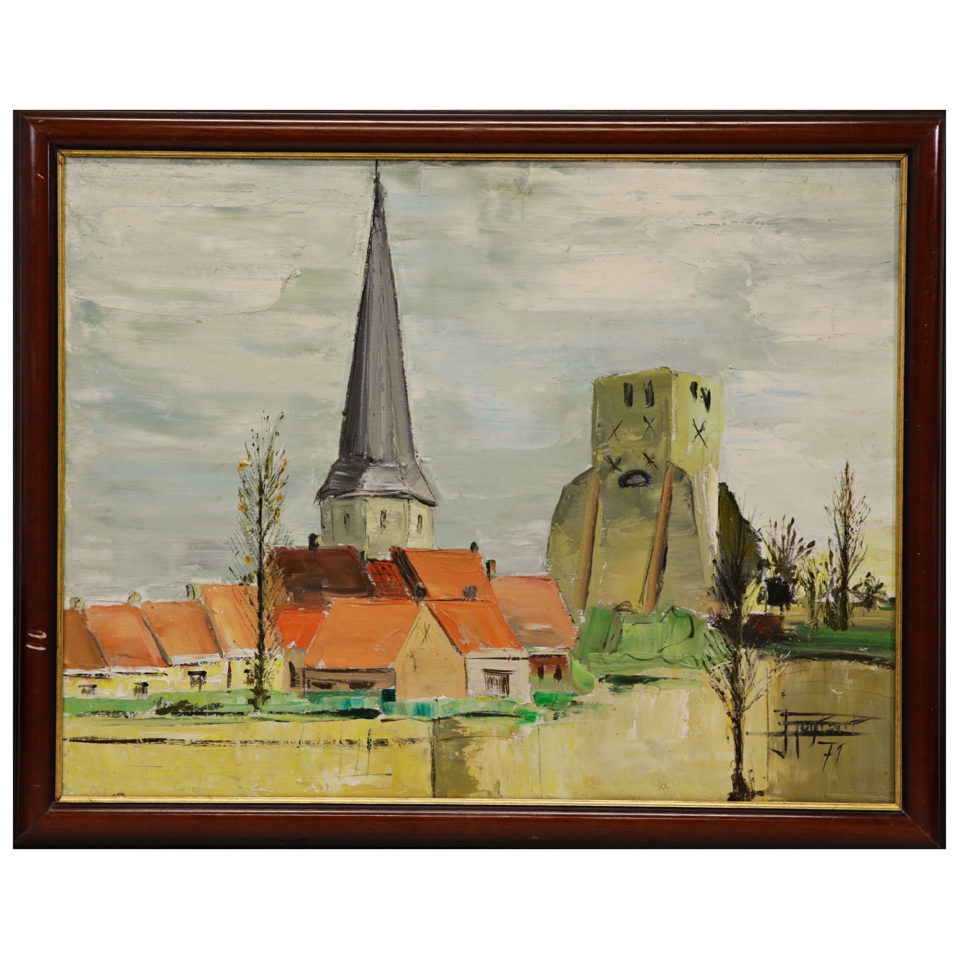 "Village with the bell tower" 1971, oil on canvas, illegible signature, French painting of the 20th 