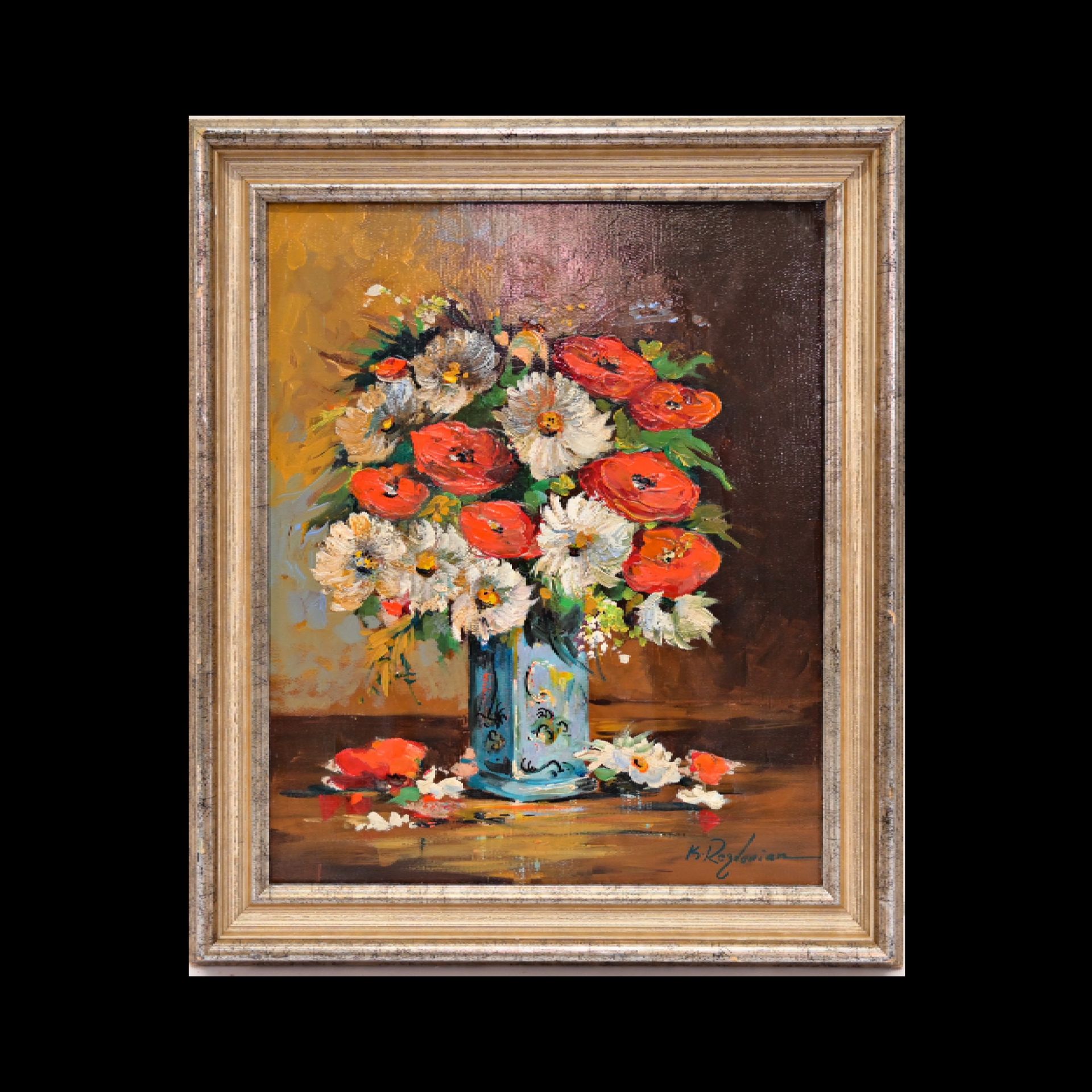 Kazem Rezvanian (1937), flowers in a blue vase, oil on canvas.