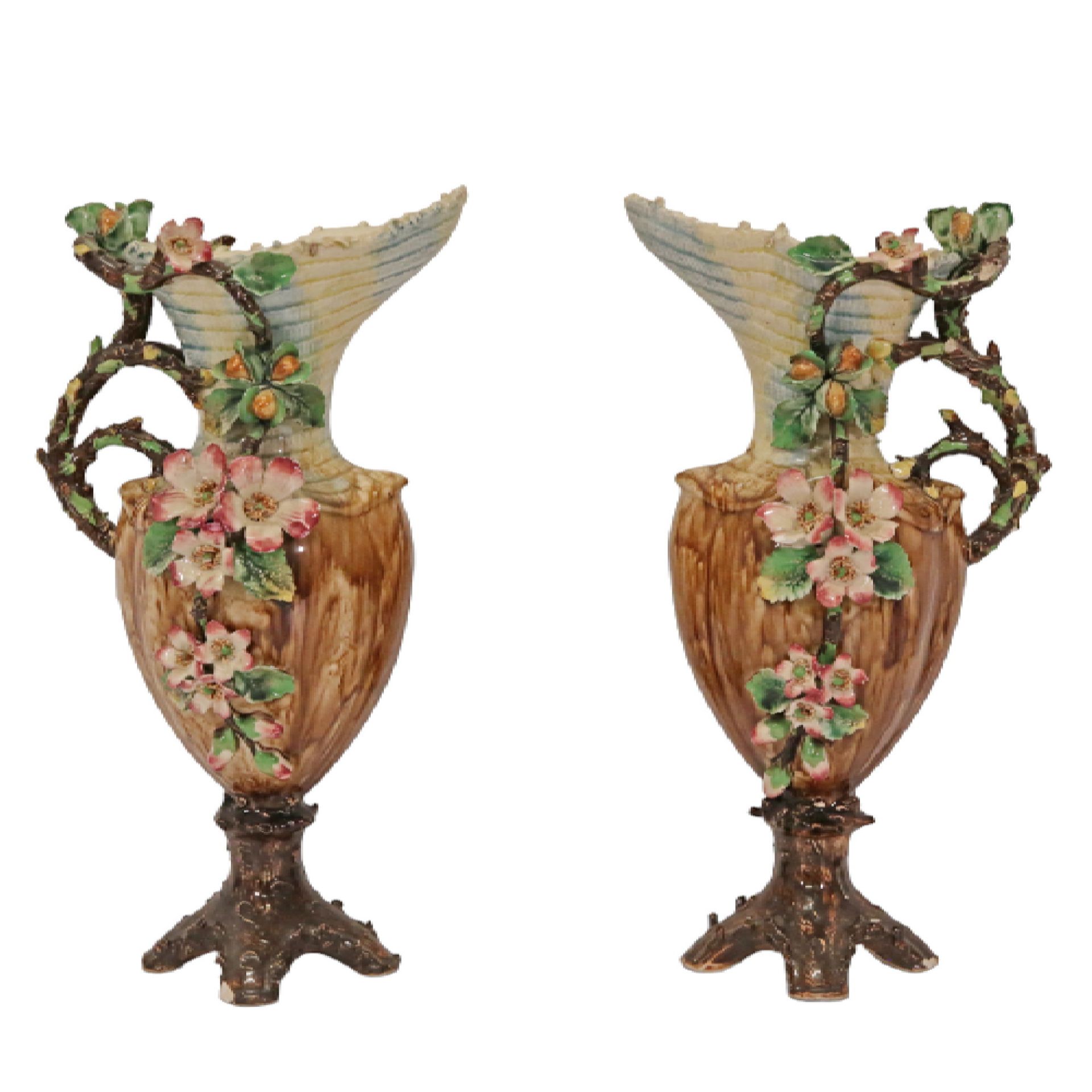 A PAIR OF JUGS IN THE ART-NOUTER STYLE IN BARBOTINE, ORIENTAL FAIENCE WATERWARE. circa 1900.