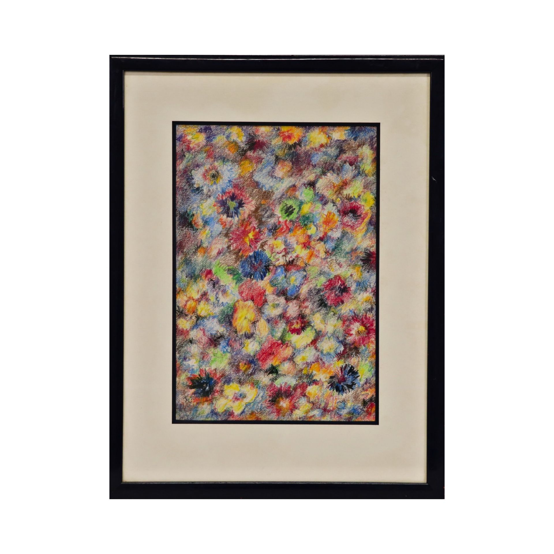 "Flowers", colored pencil drawing, illegible signature, French painting of the 20th C.