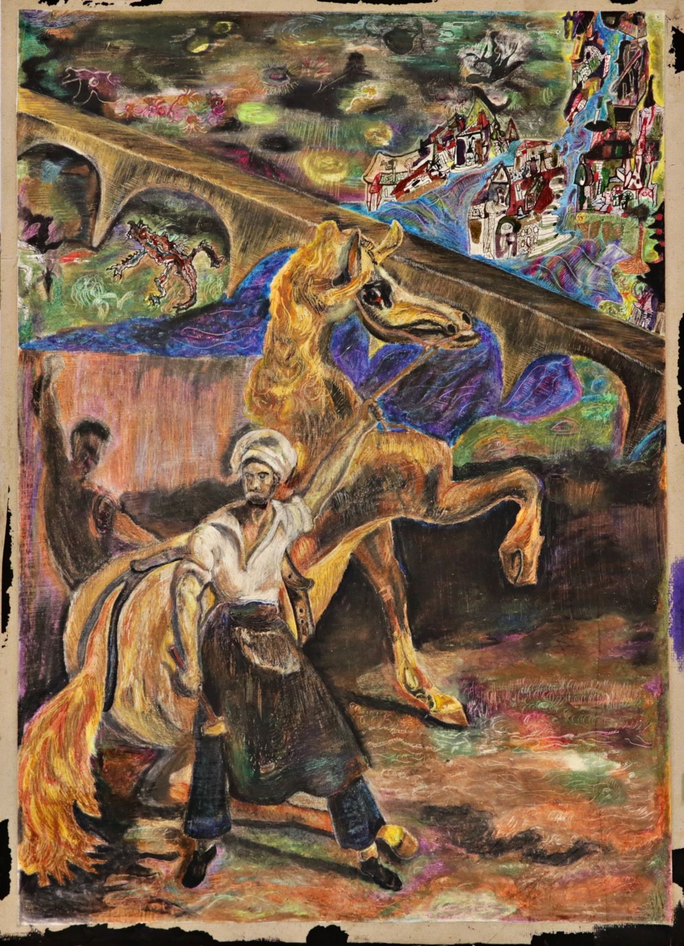 "Indian blacksmith and horse", gouache and watercolor, 20th century painting. - Bild 2 aus 4