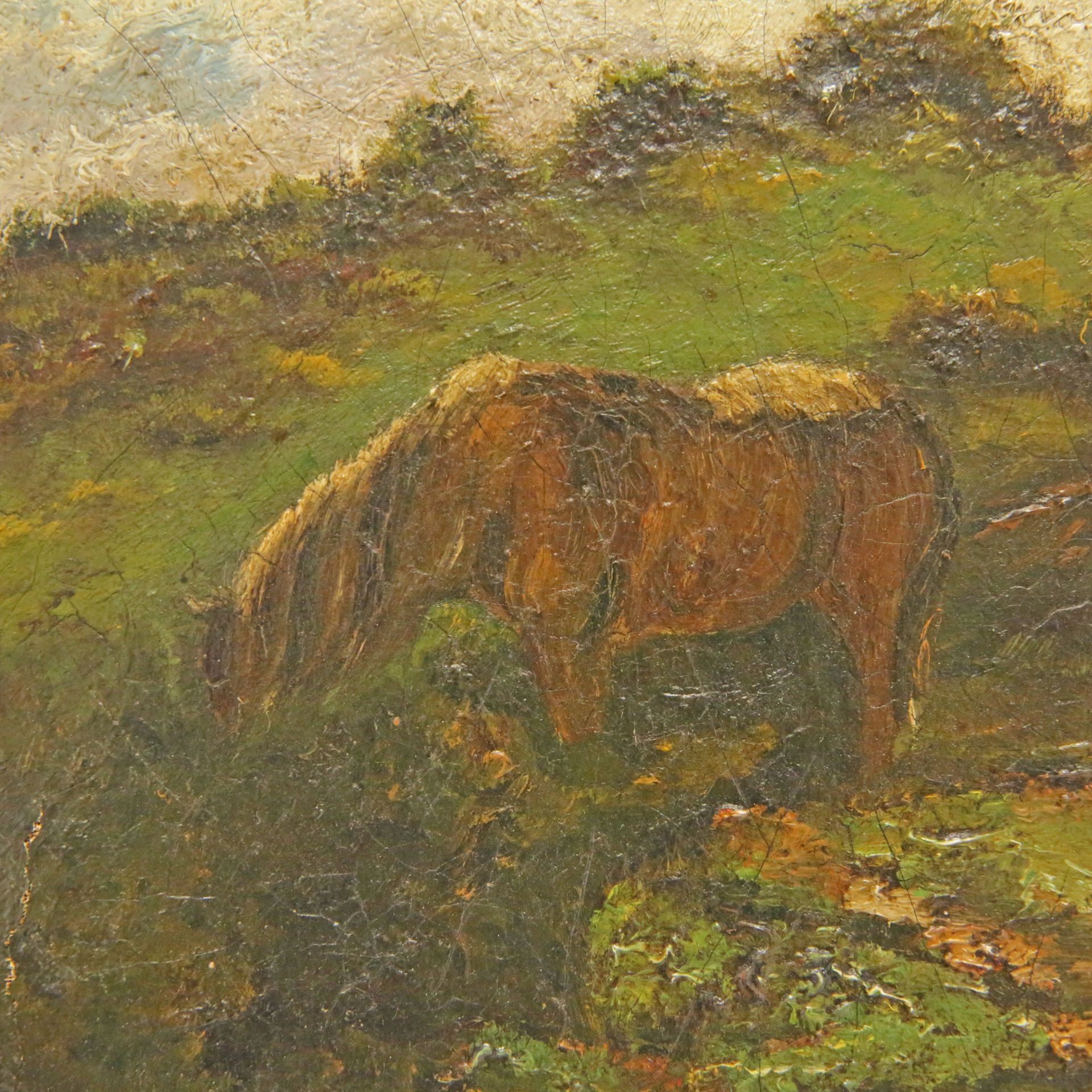 "Horses in the wood", oil on canvas, European painting of the 19th century. There is damage. - Image 3 of 4