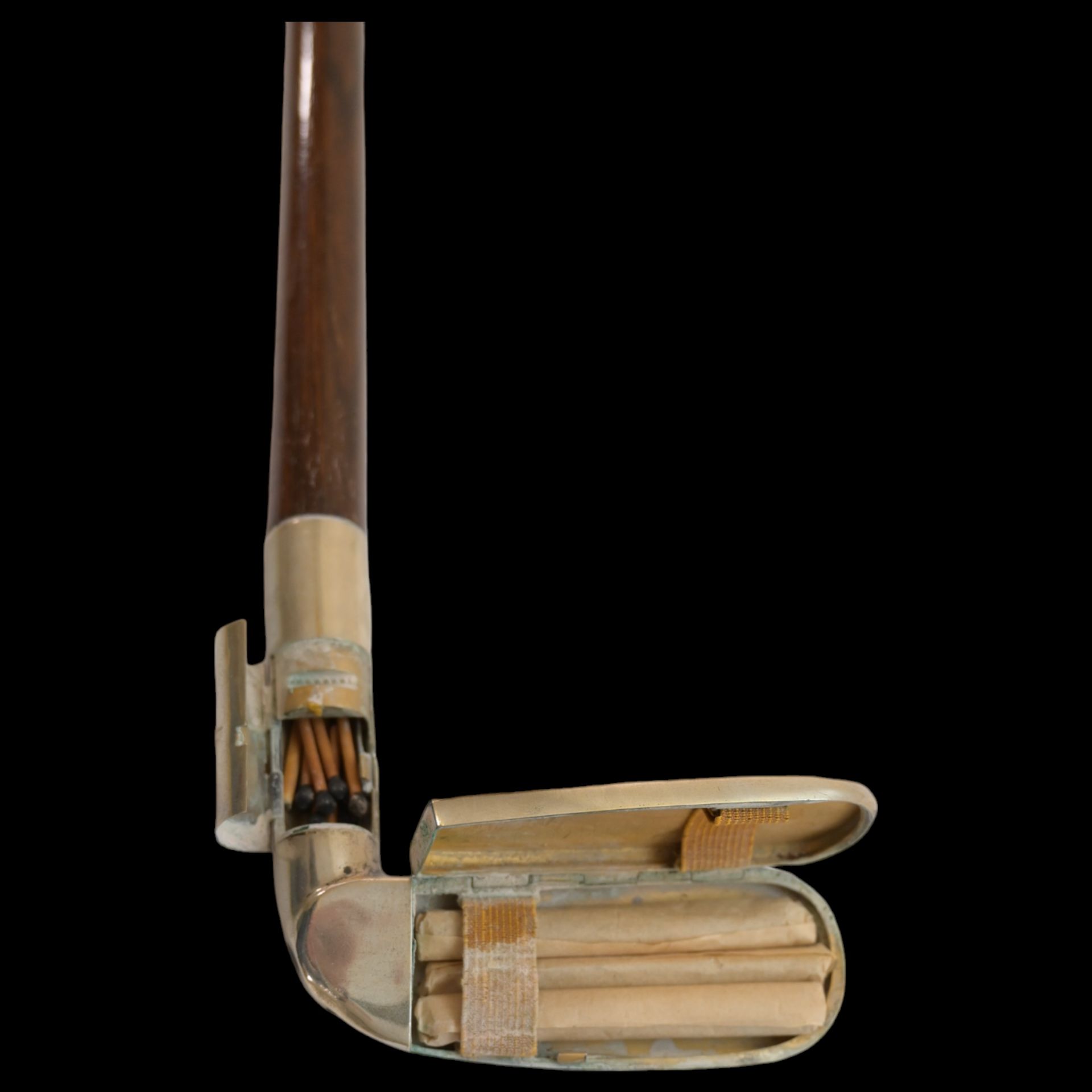 A rare Golfclub Walking Stick Cane, Cigarette Case with Match Safe, early 20th century. - Bild 5 aus 8
