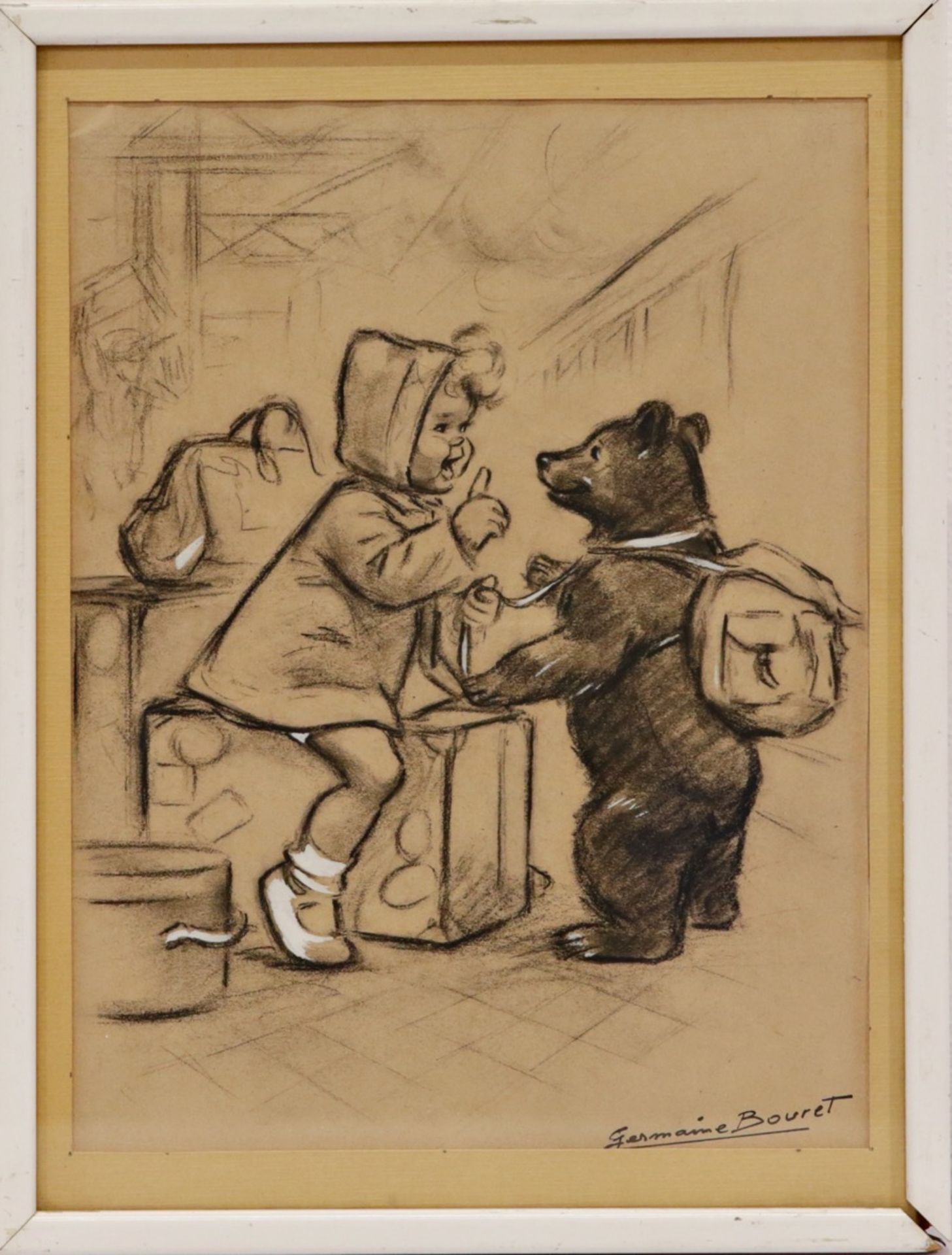 Germaine BOURET (1907-1953) "Child and bear", charcoal drawing and gouache, French, 20th C. - Image 2 of 6