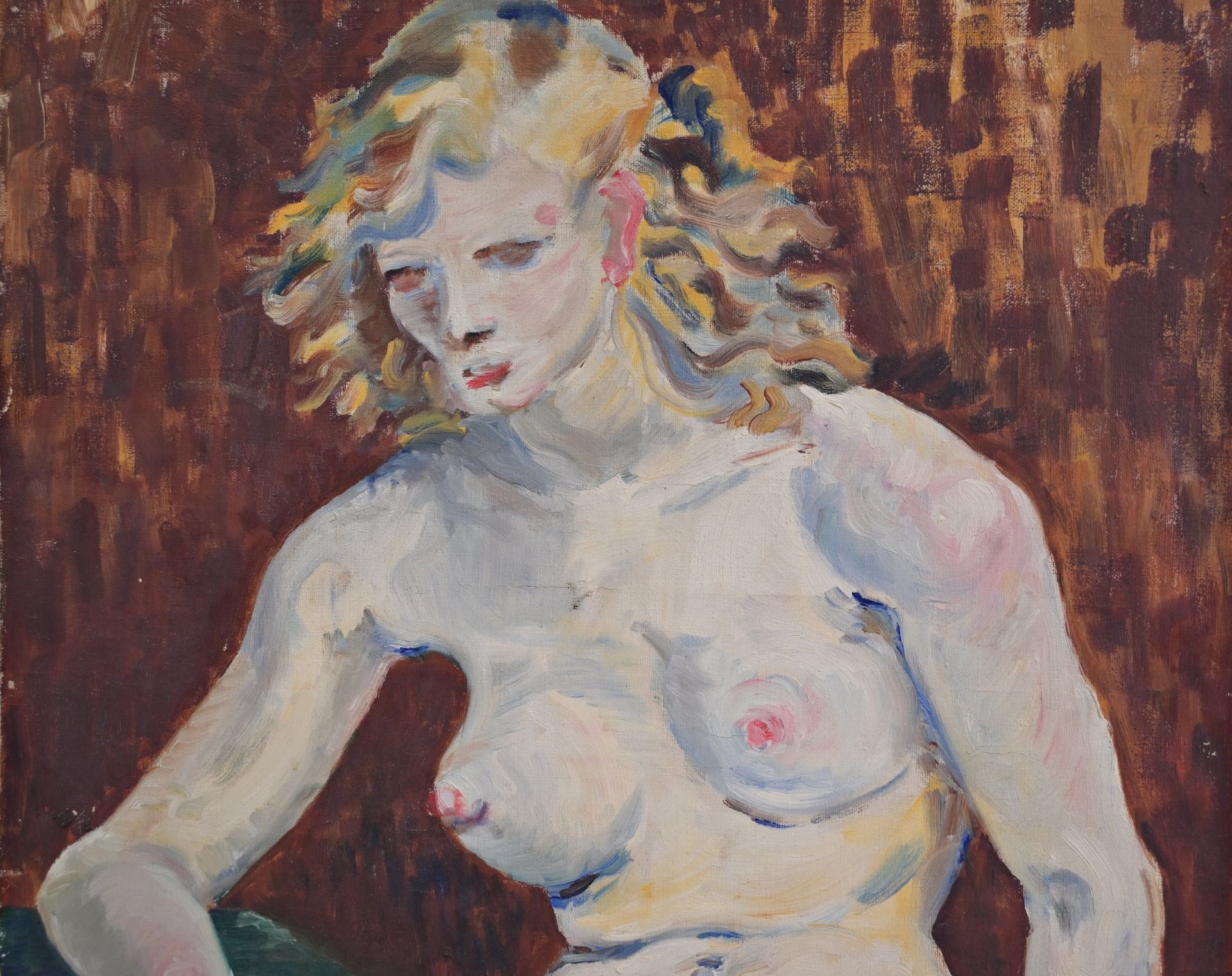 "Seated female nude", oil on canvas, M. Legand Herle, French Painting of the 20th century. - Bild 3 aus 5