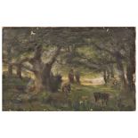 "Cows in the forest", oil on canvas mounted on wood, unsigned, Oil painting, early 20th century.