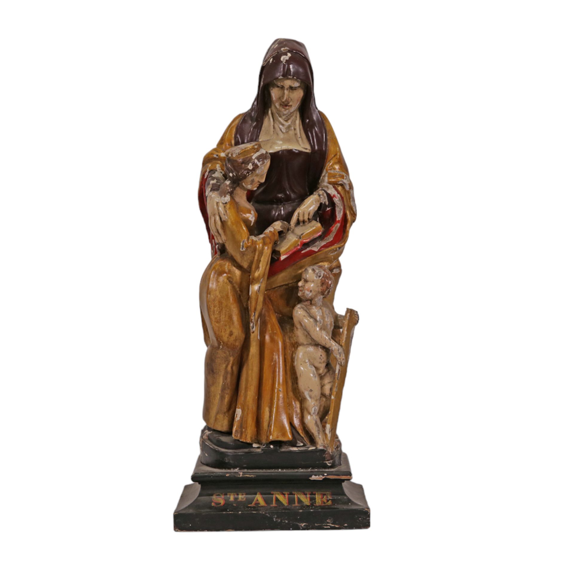 RARE, ANTIQUE, POLYCHROME WOODEN SCULPTURE "SAINT ANNE TRINITI", ON THE BASIS. FRANCE 19th CENTURY. - Bild 2 aus 13