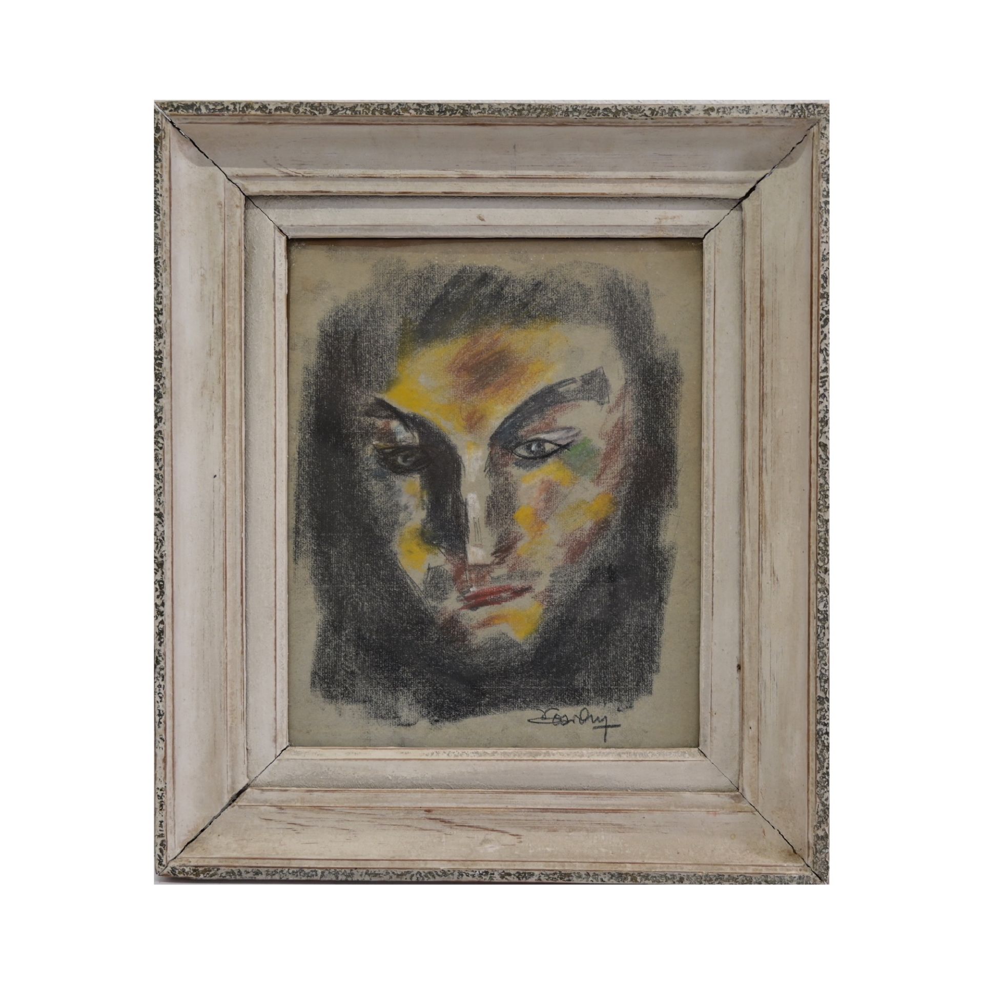 "Portrait of a man", drawn with charcoal and colored pencil, illegible signature, French, 20th C.