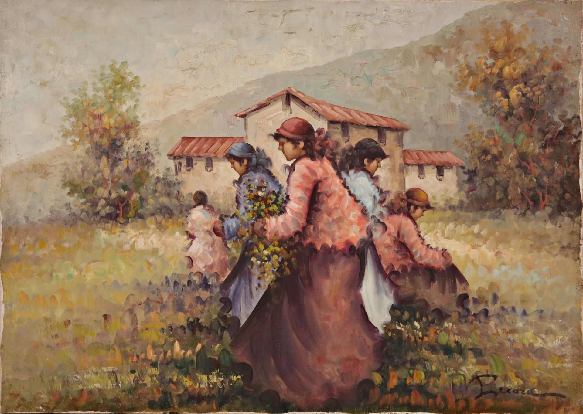 "Picking flowers" oil on canvas, signature of the author Pecora, French painting, 20th C. - Bild 2 aus 5