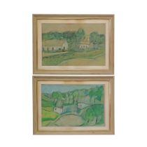 Guy PEQUEUX (1942-2021) "LANDSCAPE IN A GREEN TONE", PAIR PAINTING OF GOUACHES ON ISORElL.