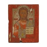 An antique Russian Orthodox hand painted icon of Christ Pantocrator, 19th century.