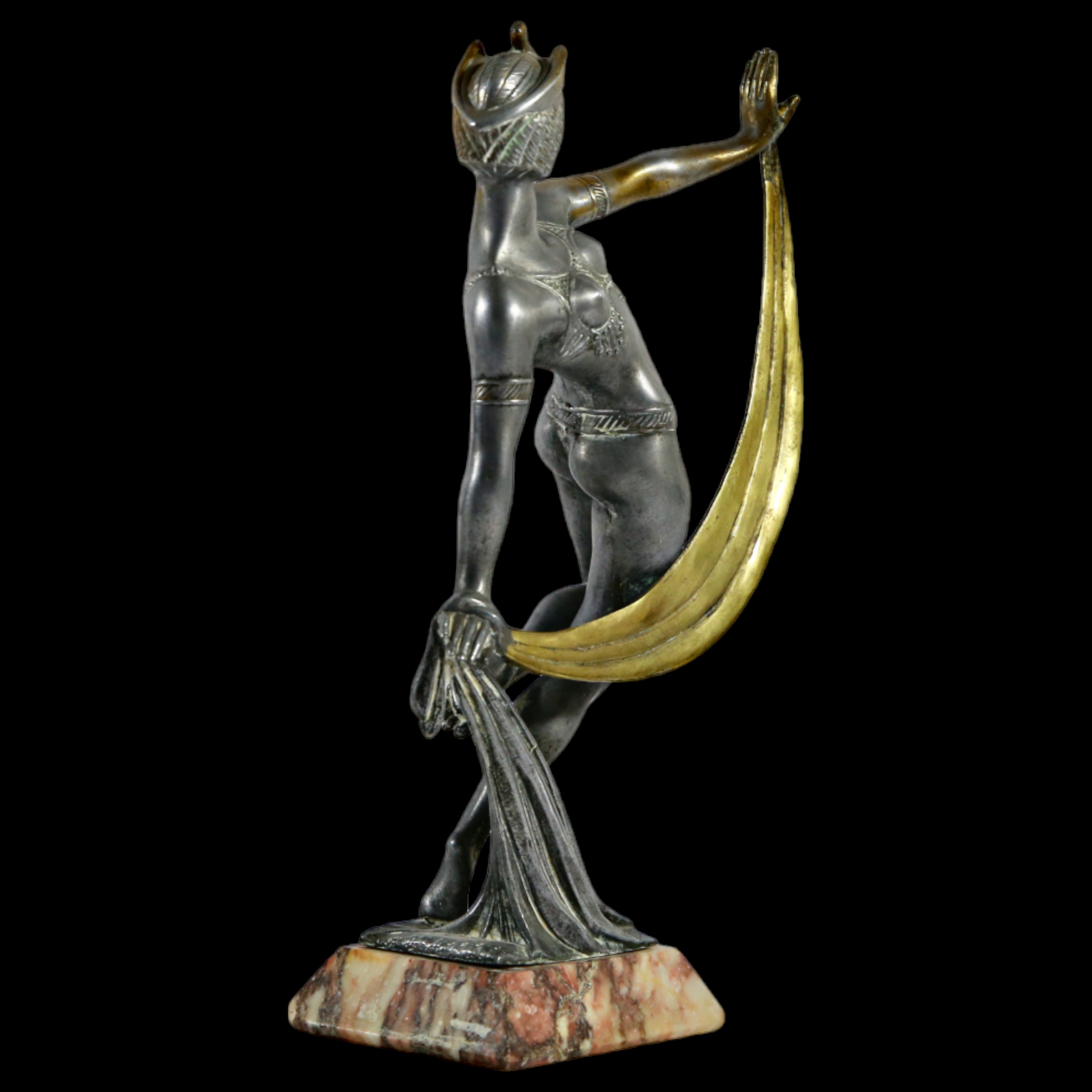 Art Deco Bronze Dancer, silver and gilt plated, stamp below, red marble base, 30s of the 20th C. - Image 4 of 12