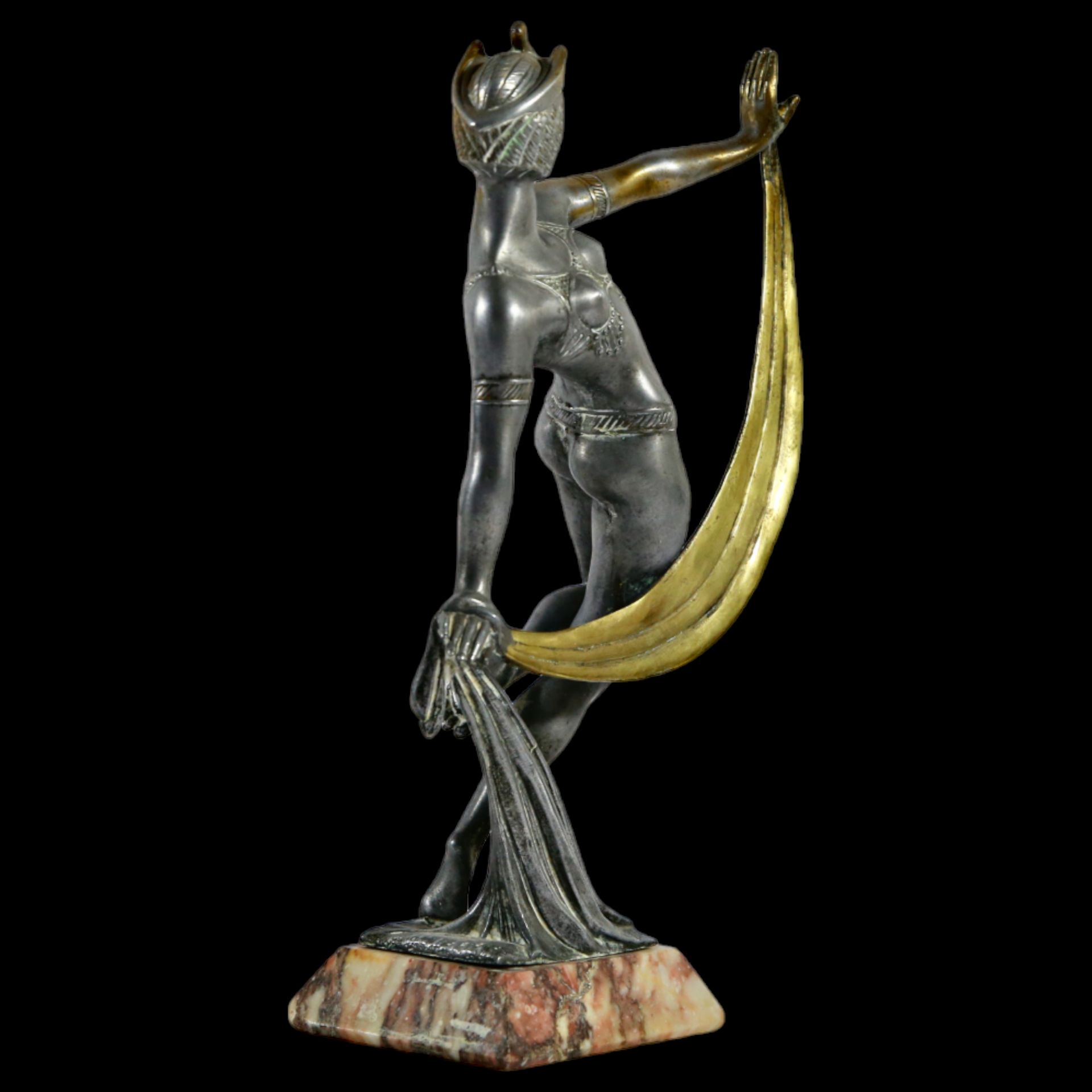 Art Deco Bronze Dancer, silver and gilt plated, stamp below, red marble base, 30s of the 20th C. - Bild 4 aus 12