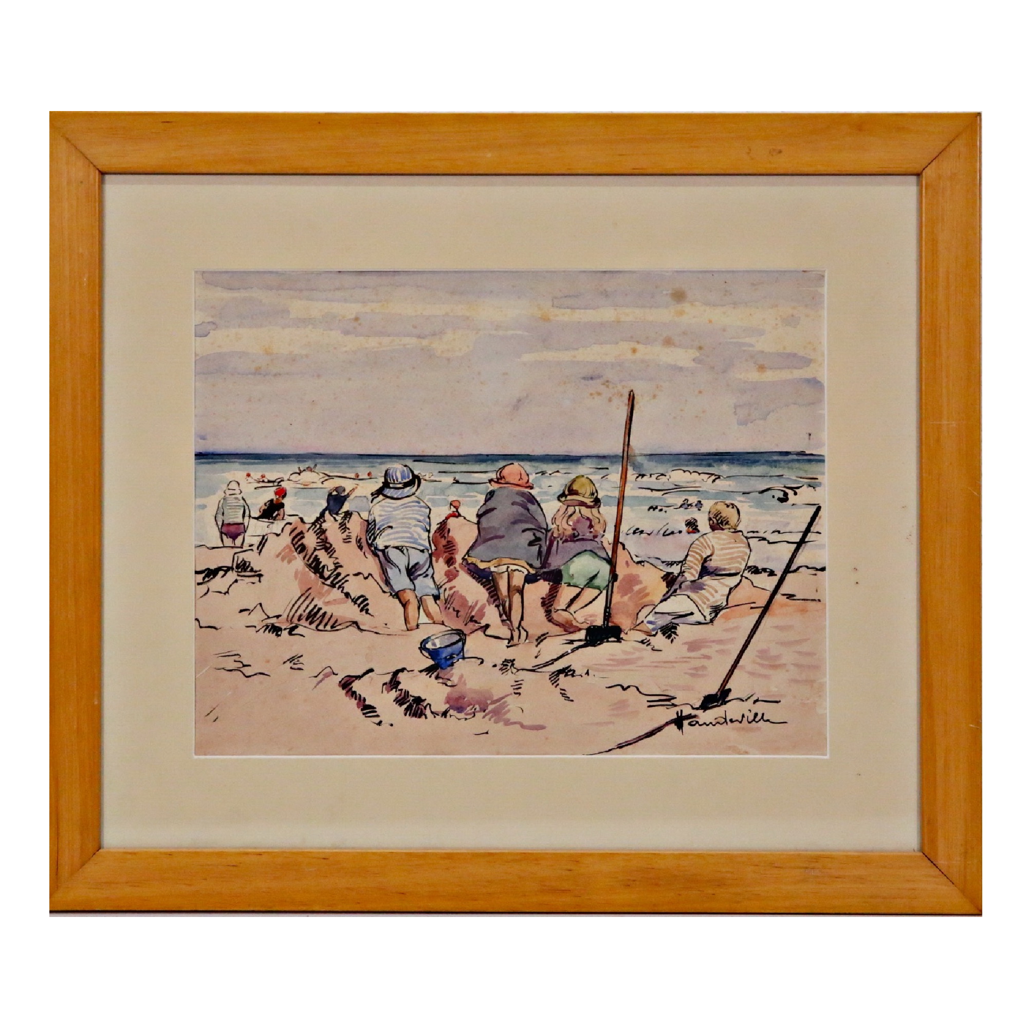 Leon HAUDEVILLE (1885-1969) "Children at the beach", watercolor on paper, French painting, 20th _.